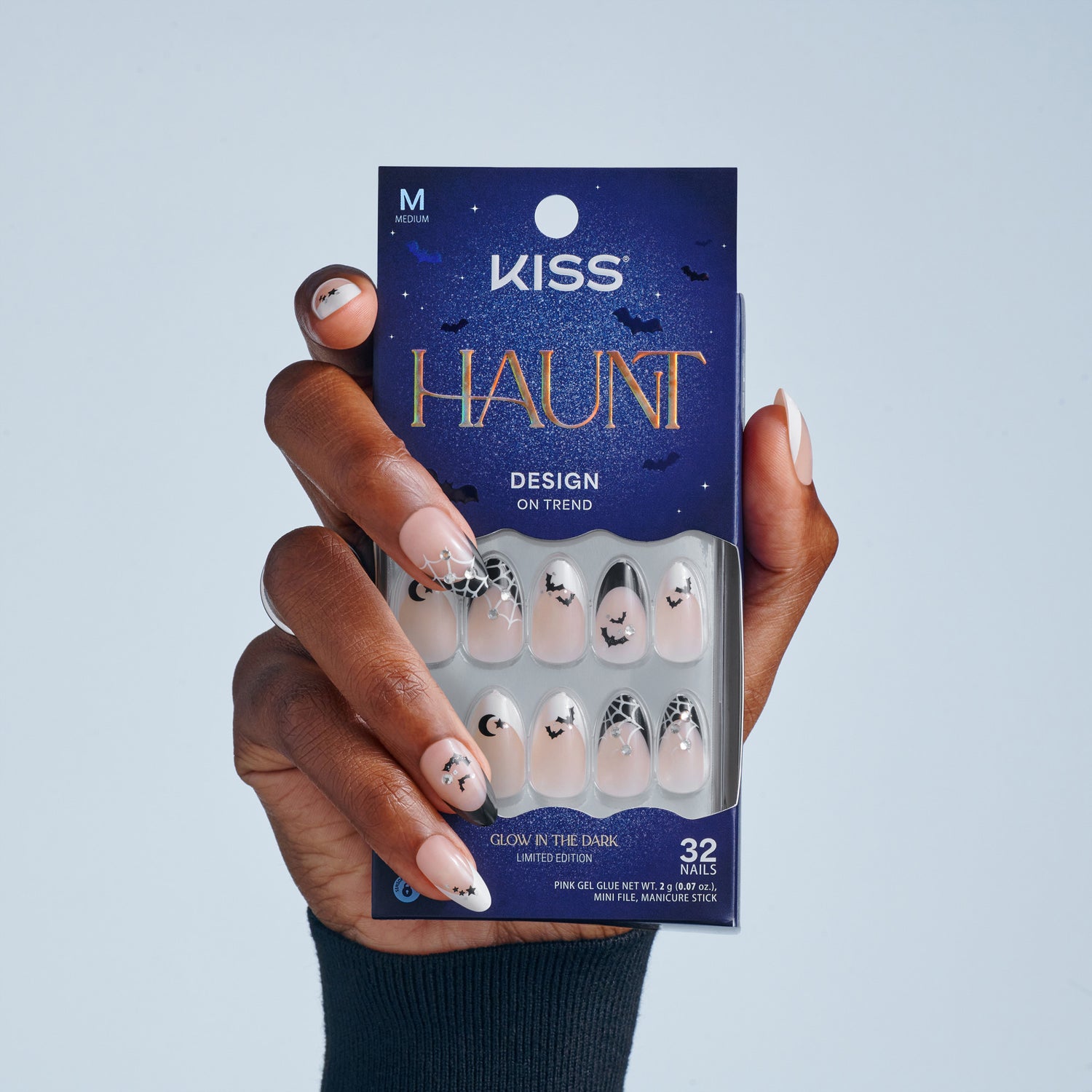 Kiss Haunt Halloween Press On Fake Glue Nails - HalloQueen | French Design, Black &amp; White, Medium, Almond, Glow In The Dark