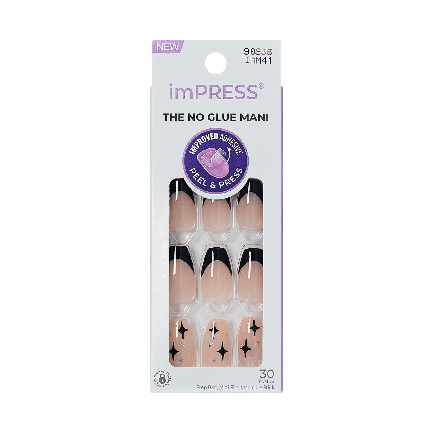 Pack of 30 imPRESS press-on nails featuring black French tips and starry accent nails, labeled \