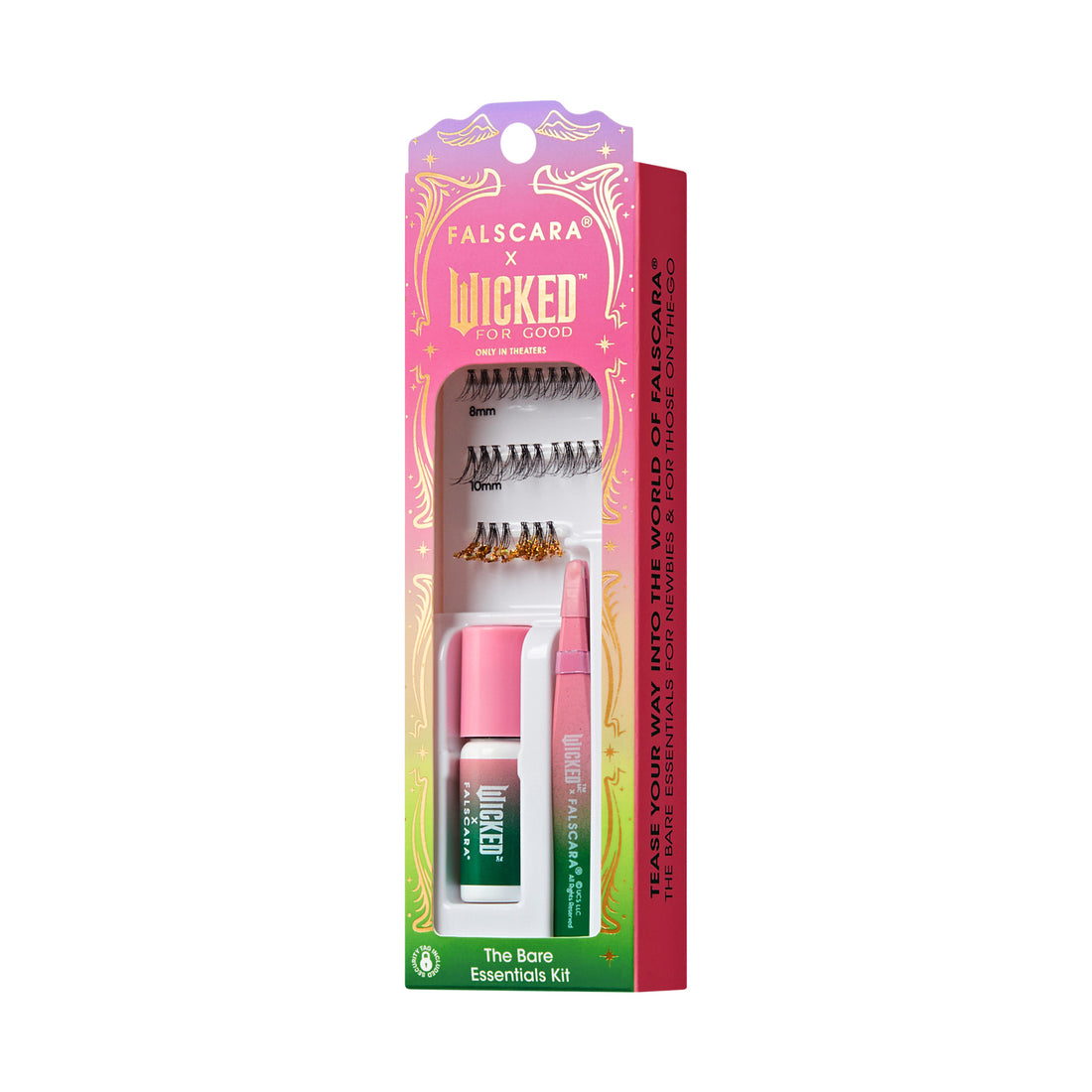 Falscara x Wicked For Good eyelash kit with natural and glitter lashes, lash adhesive, and applicator in pink and green gradient packaging.