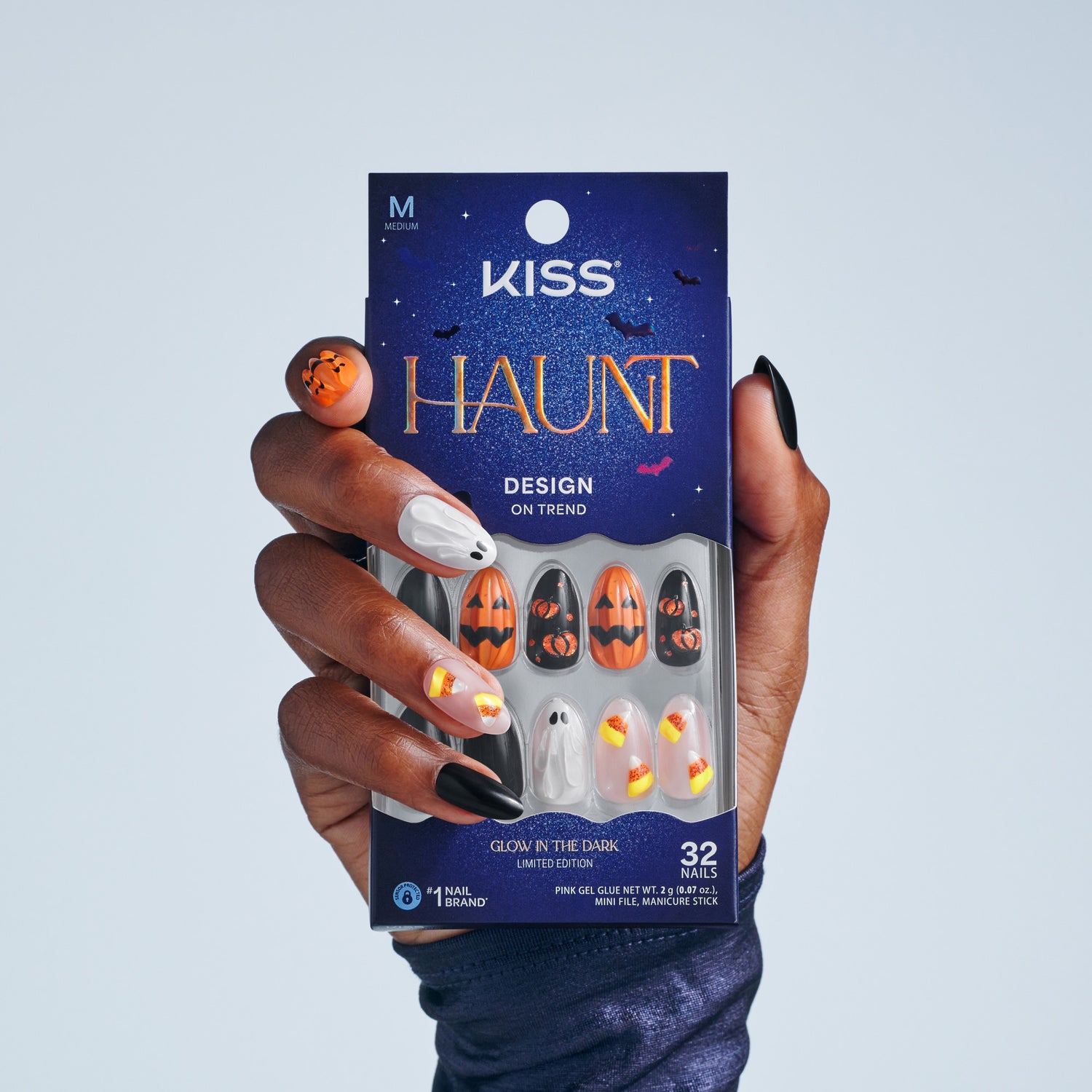 Kiss Haunt Halloween Press On Fake Glue Nails - Witching Hour | Design, Orange, Medium, Almond, Glow In The Dark