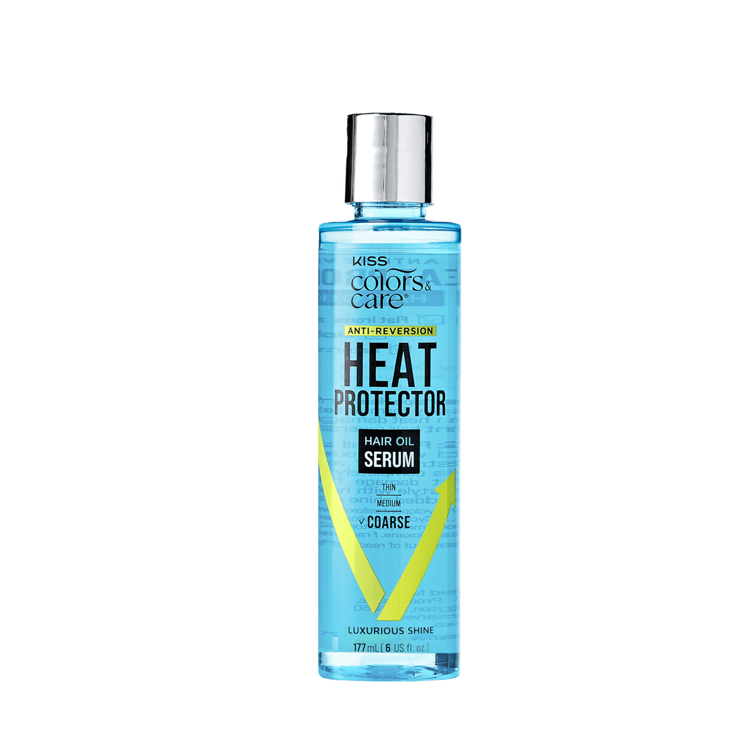 Tall transparent blue bottle with a silver cap labeled KISS Colors &amp; Care Anti-Reversion Heat Protector Hair Oil Serum, for thin to coarse hair, 177 ml.