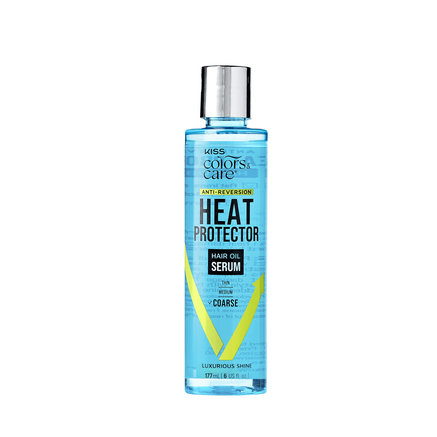 Tall transparent blue bottle with a silver cap labeled KISS Colors &amp; Care Anti-Reversion Heat Protector Hair Oil Serum, for thin to coarse hair, 177 ml.