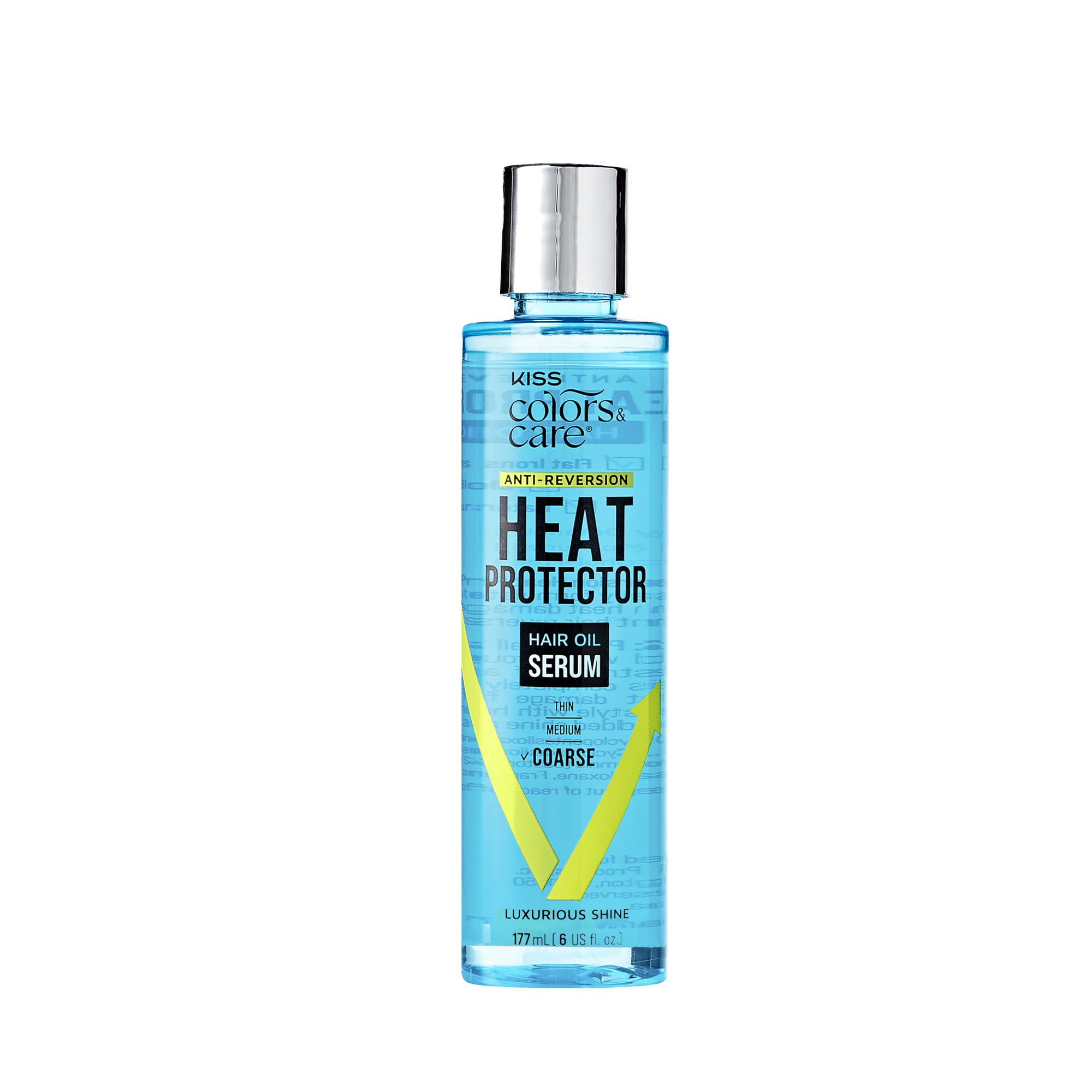 Tall transparent blue bottle with a silver cap labeled KISS Colors &amp; Care Anti-Reversion Heat Protector Hair Oil Serum, for thin to coarse hair, 177 ml.