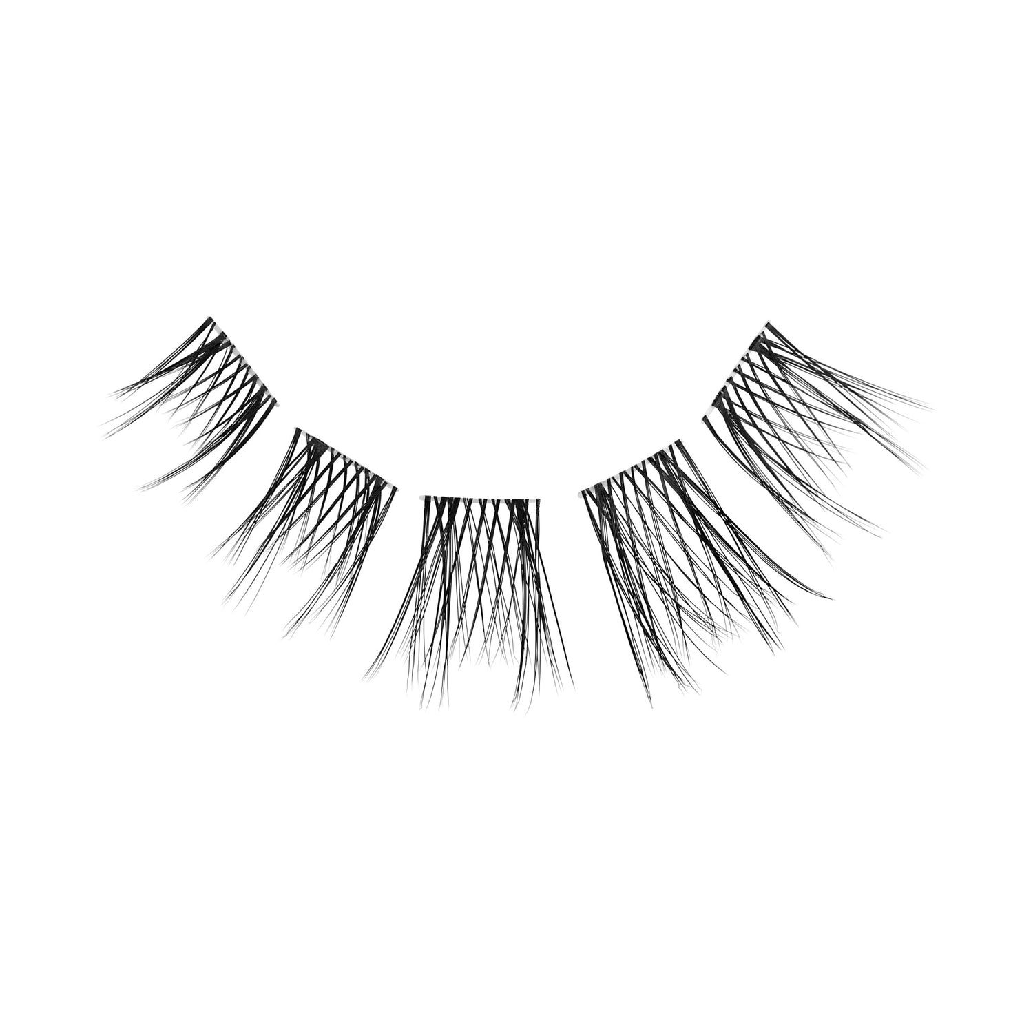 Pair of black false eyelashes with layered, wispy strands on white background.
