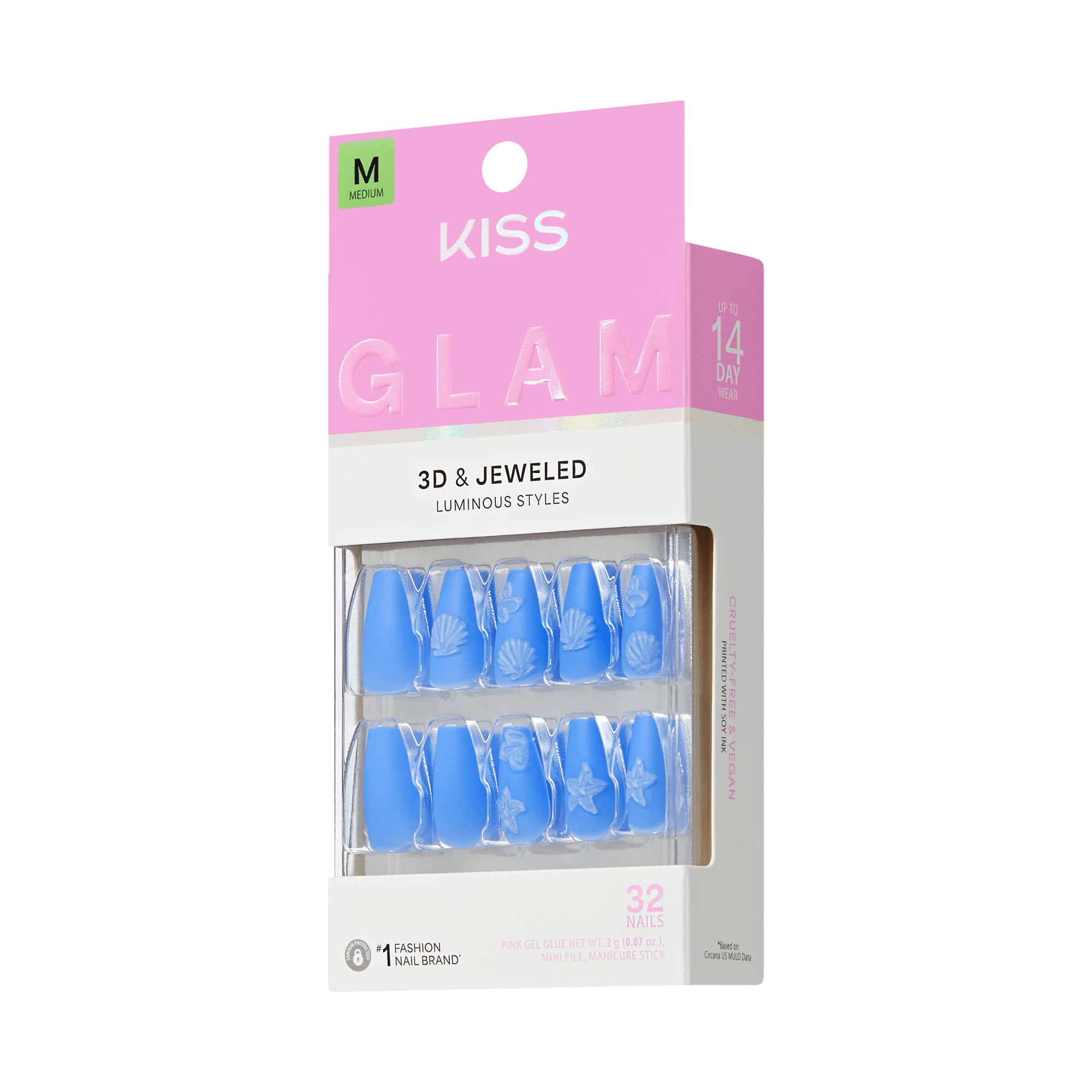 KISS Glam 3D &amp; Jeweled Luminous Styles press-on nails packaging, Medium size, 32 nails, blue medium coffin nails with white shell and starfish embossed designs on transparent background