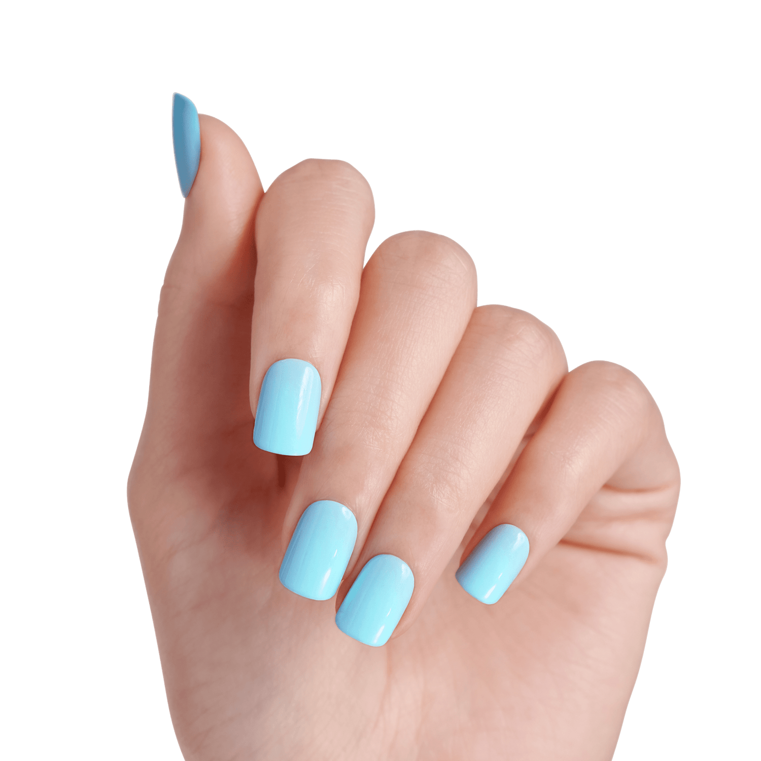 The image features a hand with well-manicured nails painted in a light blue color. The nails are of medium length and have a glossy finish. The hand is positioned with the fingers slightly curved, showcasing the nails prominently against a plain white background. The overall look is clean and stylish, emphasizing the fresh and vibrant shade of blue.