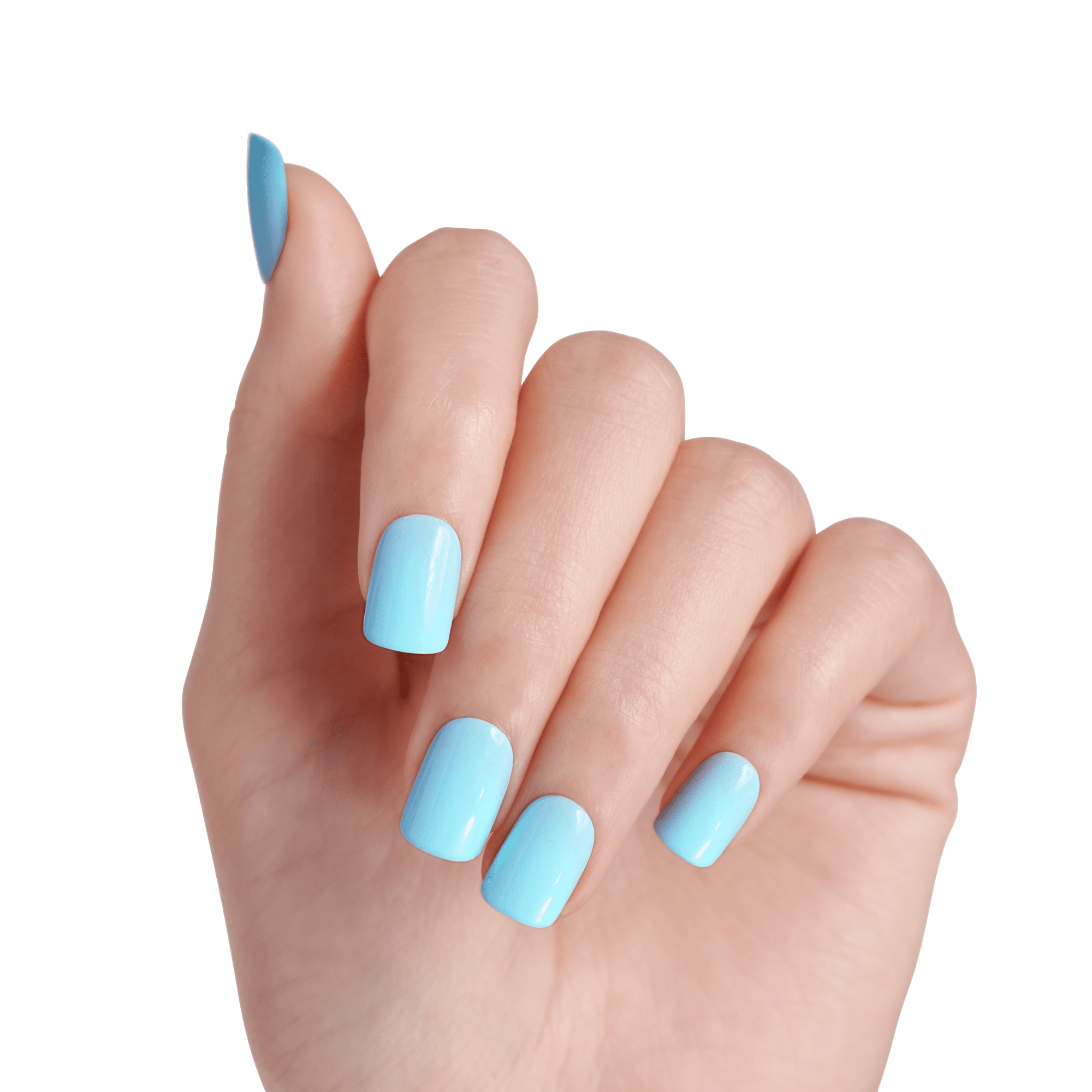The image features a hand with well-manicured nails painted in a light blue color. The nails are of medium length and have a glossy finish. The hand is positioned with the fingers slightly curved, showcasing the nails prominently against a plain white background. The overall look is clean and stylish, emphasizing the fresh and vibrant shade of blue.