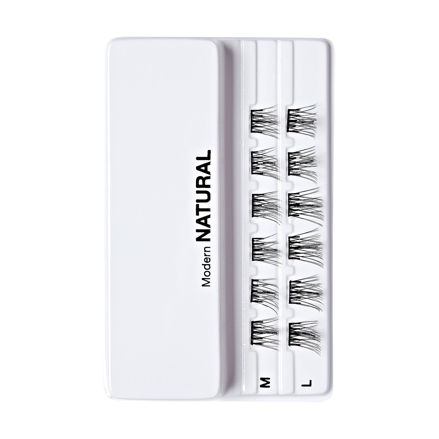 The image shows a white plastic case containing false eyelashes. The case is labeled "Modern NATURAL" on the left side. Inside the case, there are three rows of false eyelashes, each row labeled with a different size: "S" (small), "M" (medium), and "L" (large). The eyelashes are arranged neatly in their respective compartments.