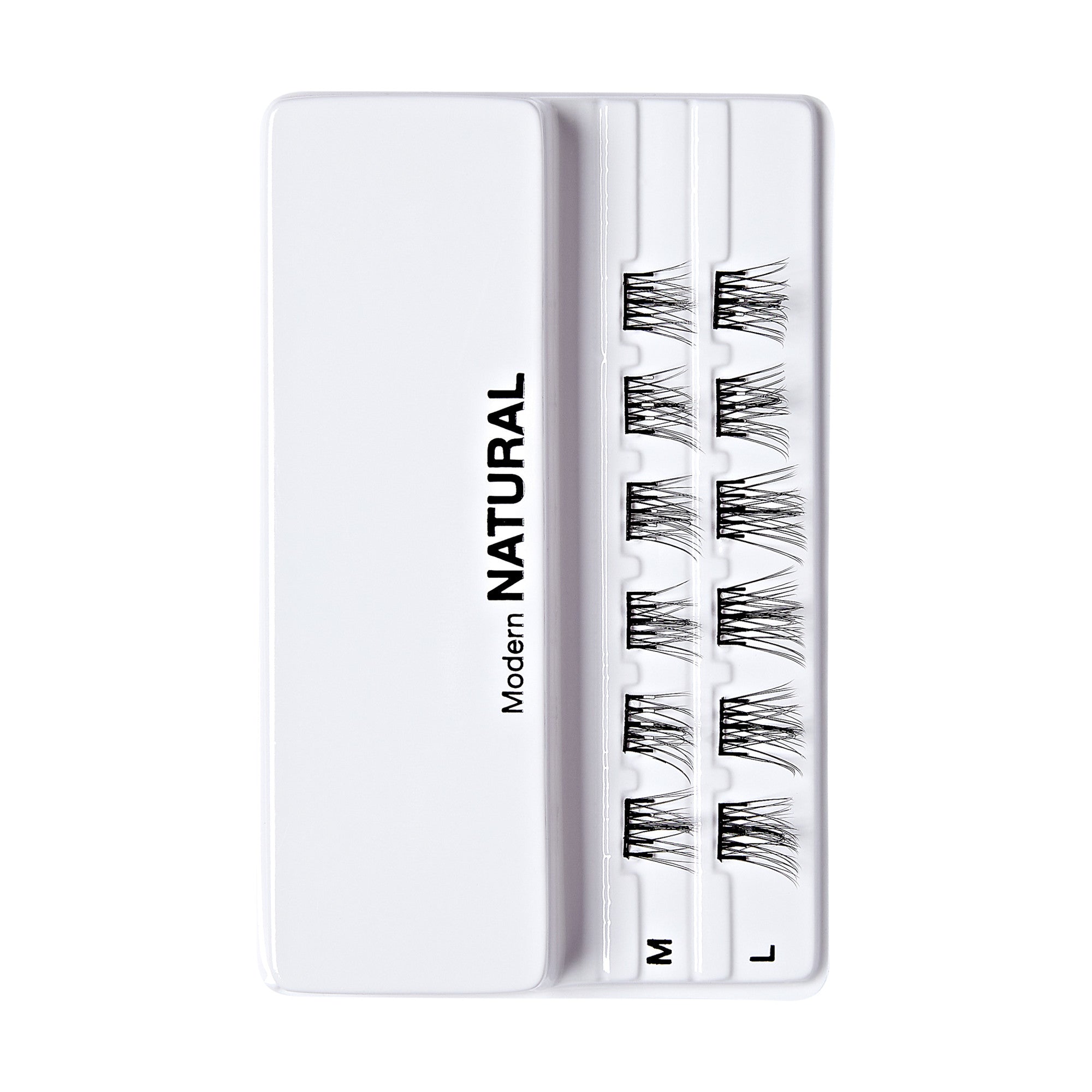 The image shows a white plastic case containing false eyelashes. The case is labeled "Modern NATURAL" on the left side. Inside the case, there are three rows of false eyelashes, each row labeled with a different size: "S" (small), "M" (medium), and "L" (large). The eyelashes are arranged neatly in their respective compartments.