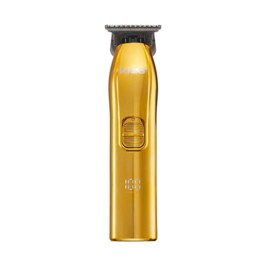 The image shows a gold-colored electric hair trimmer. The trimmer has a sleek, metallic finish with the brand name "KISS" printed near the top. It features a central power button with a textured grip for easy operation. The cutting blades are visible at the top of the trimmer, and there is a small digital display near the bottom, likely indicating battery life or other settings. The overall design is modern and stylish.
