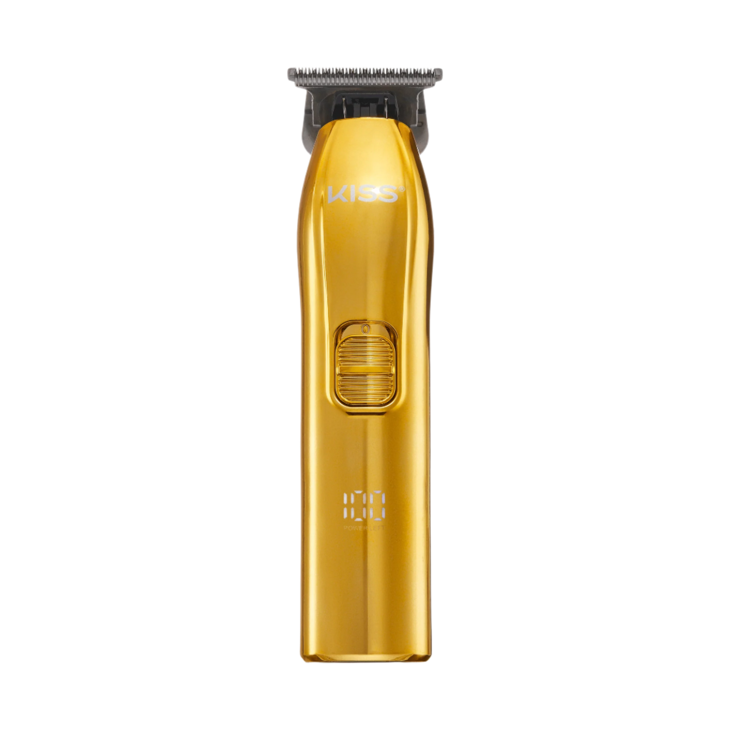 The image shows a gold-colored electric hair trimmer. The trimmer has a sleek, metallic finish with the brand name "KISS" printed near the top. It features a central power button with a textured grip for easy operation. The cutting blades are visible at the top of the trimmer, and there is a small digital display near the bottom, likely indicating battery life or other settings. The overall design is modern and stylish.
