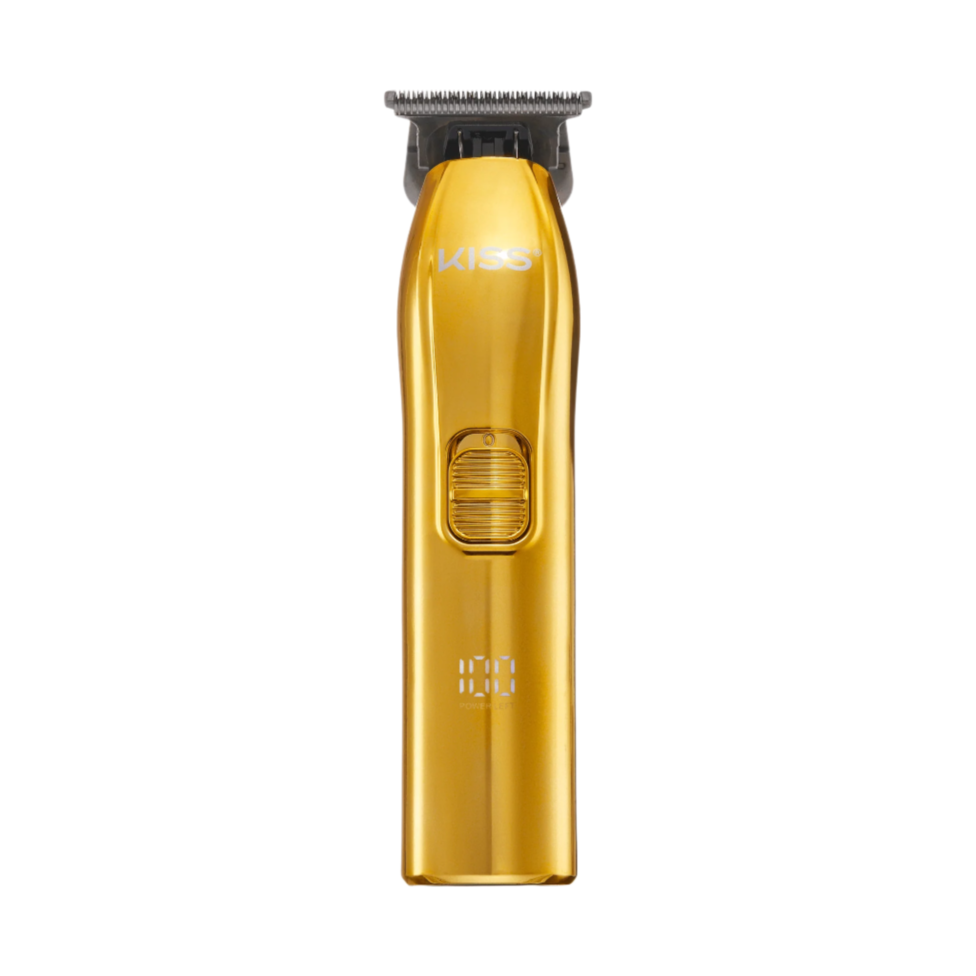 The image shows a gold-colored electric hair trimmer. The trimmer has a sleek, metallic finish with the brand name "KISS" printed near the top. It features a central power button with a textured grip for easy operation. The cutting blades are visible at the top of the trimmer, and there is a small digital display near the bottom, likely indicating battery life or other settings. The overall design is modern and stylish.