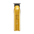 The image shows a gold-colored electric hair trimmer. The trimmer has a sleek, metallic finish with the brand name "KISS" printed near the top. It features a central power button with a textured grip for easy operation. The cutting blades are visible at the top of the trimmer, and there is a small digital display near the bottom, likely indicating battery life or other settings. The overall design is modern and stylish.