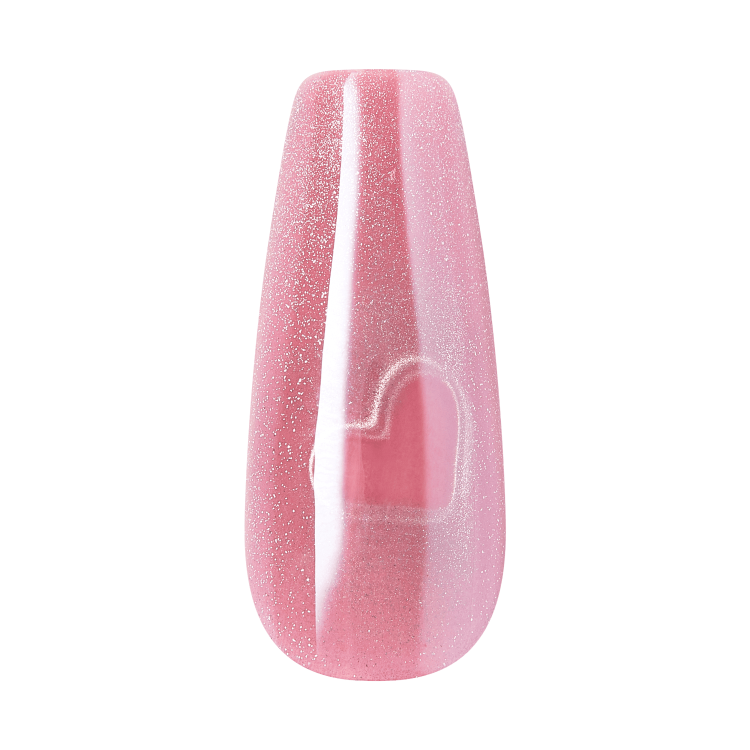 Pink glittery coffin-shaped nail with white stripe and heart design.