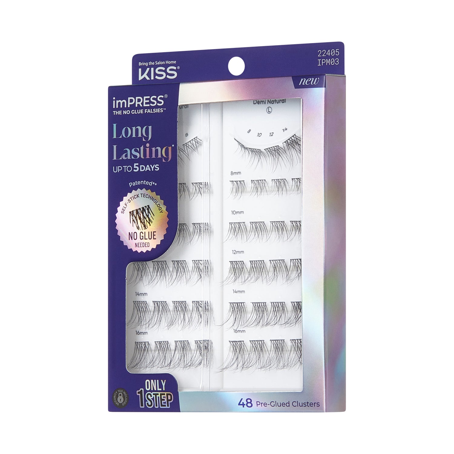 KISS imPRESS Long Lasting false eyelashes, 48 pre-glued clusters, multiple lengths 8-16mm