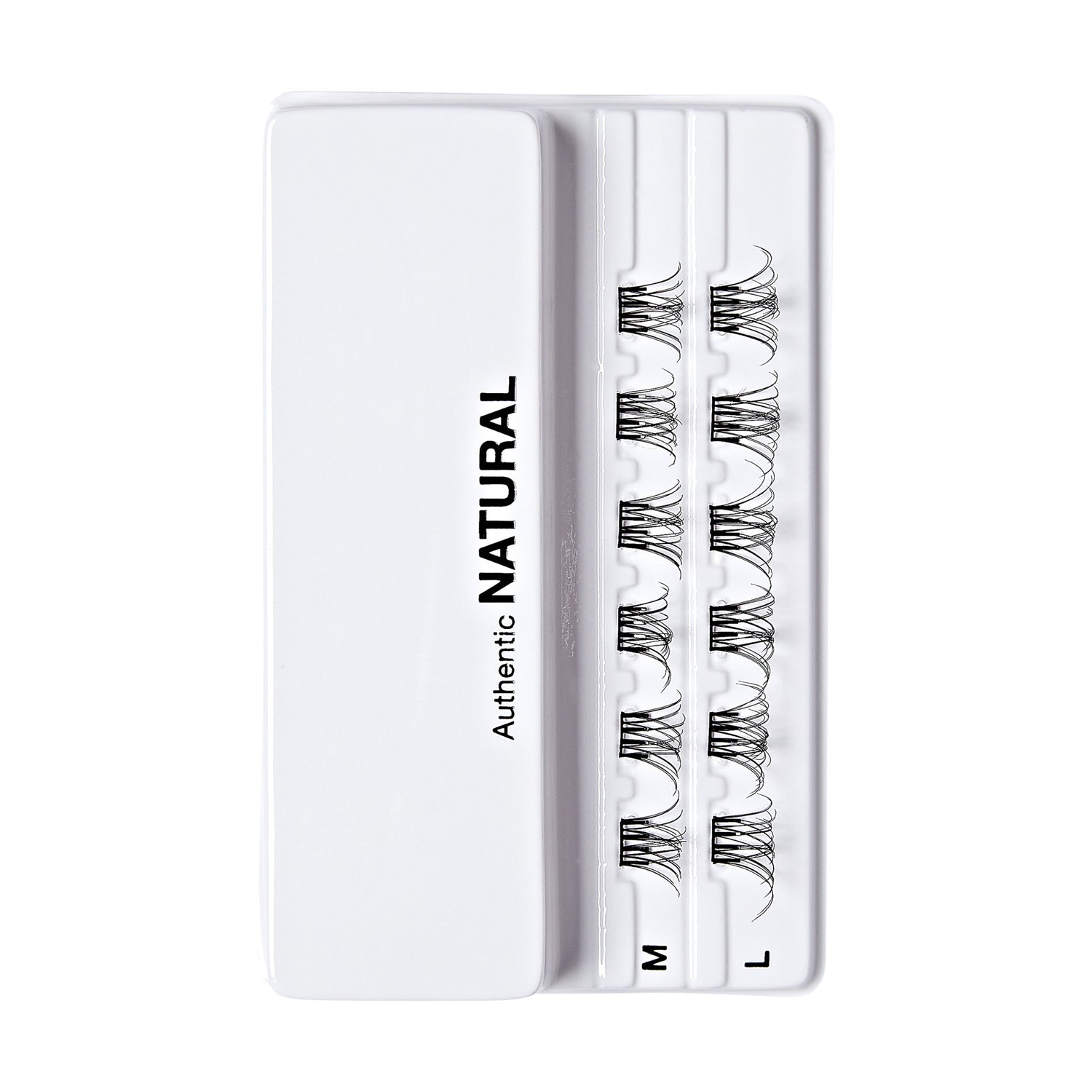 The image shows a white plastic case containing three rows of false eyelashes. The case has a sleek, minimalist design with the words "Authentic NATURAL" printed vertically on the left side. The three rows of eyelashes are labeled "M" and "L," indicating different sizes or styles. The eyelashes are arranged neatly within the case, which appears to be designed for easy storage and access.