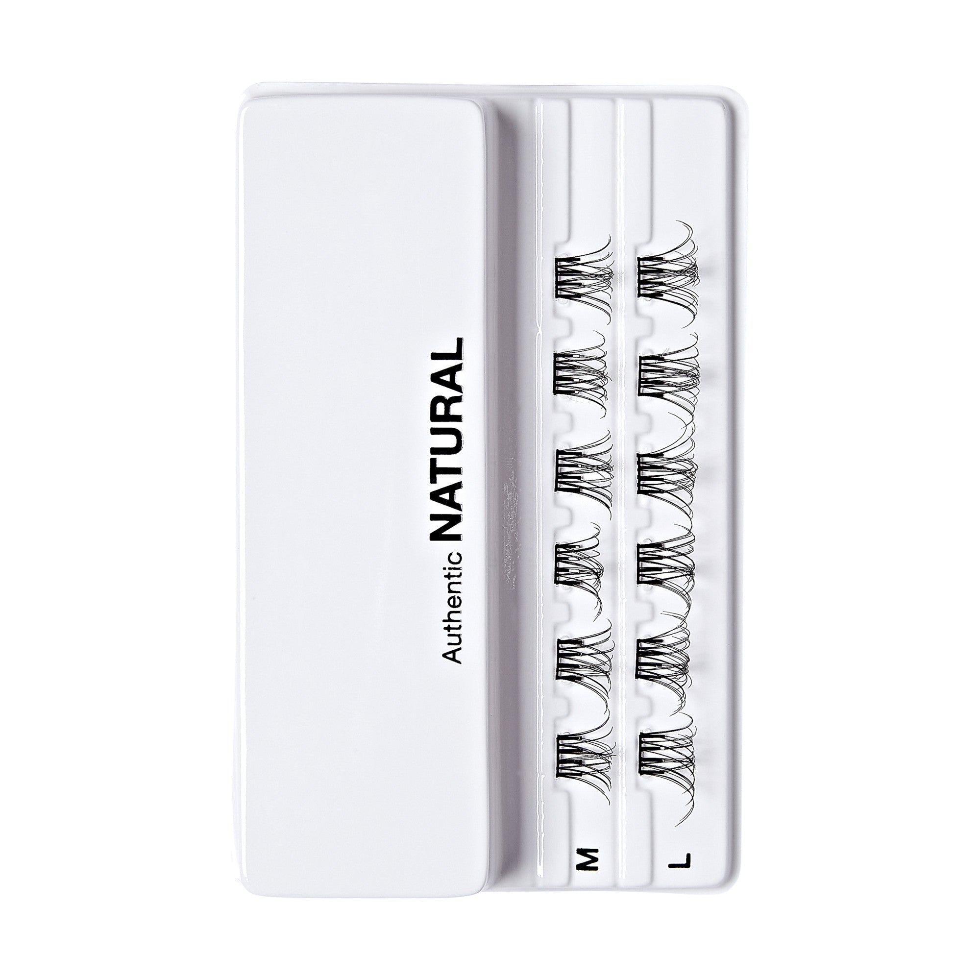 The image shows a white plastic case containing three rows of false eyelashes. The case has a sleek, minimalist design with the words "Authentic NATURAL" printed vertically on the left side. The three rows of eyelashes are labeled "M" and "L," indicating different sizes or styles. The eyelashes are arranged neatly within the case, which appears to be designed for easy storage and access.