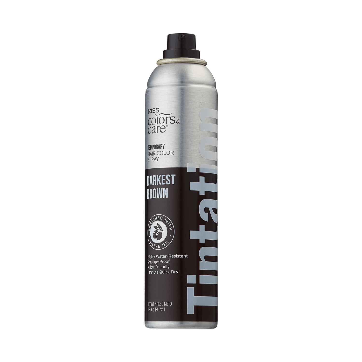 The image features a can of temporary hair color spray from the brand "Miss Colors &amp; Care." The can is predominantly silver with a sleek design. It is labeled "Tintation" and indicates the color "Darkest Brown." The text highlights that the product is highly water-resistant, ammonia-free, and provides a quick-dry formula. The can is 4.5 ounces in size.