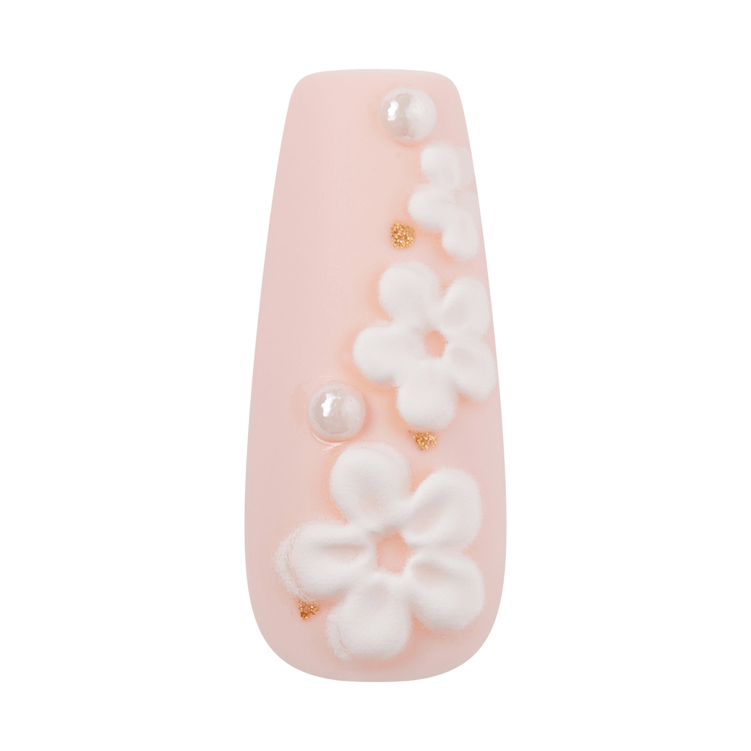 Coffin-shaped nail with soft pink base, white 3D flowers, pearl beads, and gold accents.