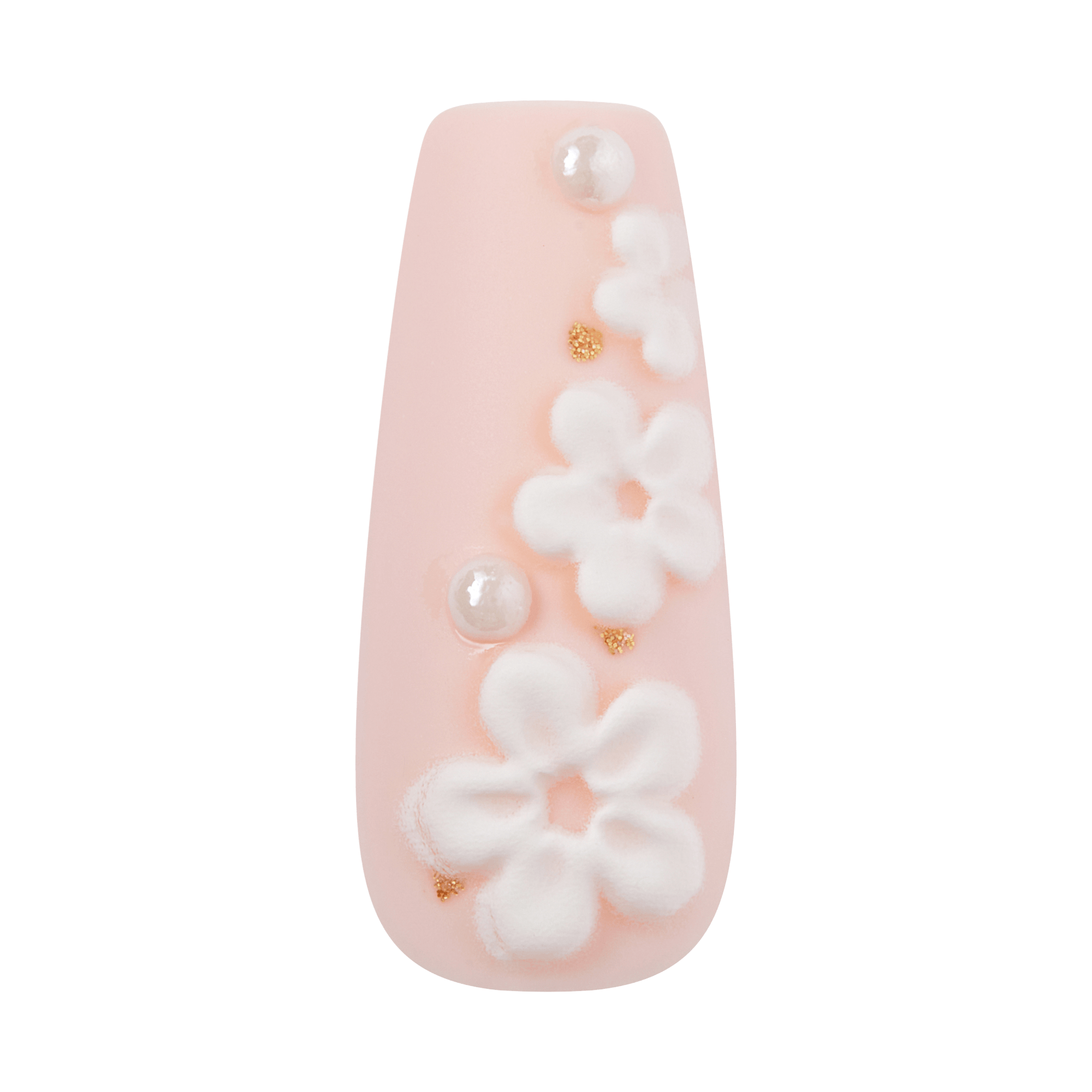 Coffin-shaped nail with soft pink base, white 3D flowers, pearl beads, and gold accents.
