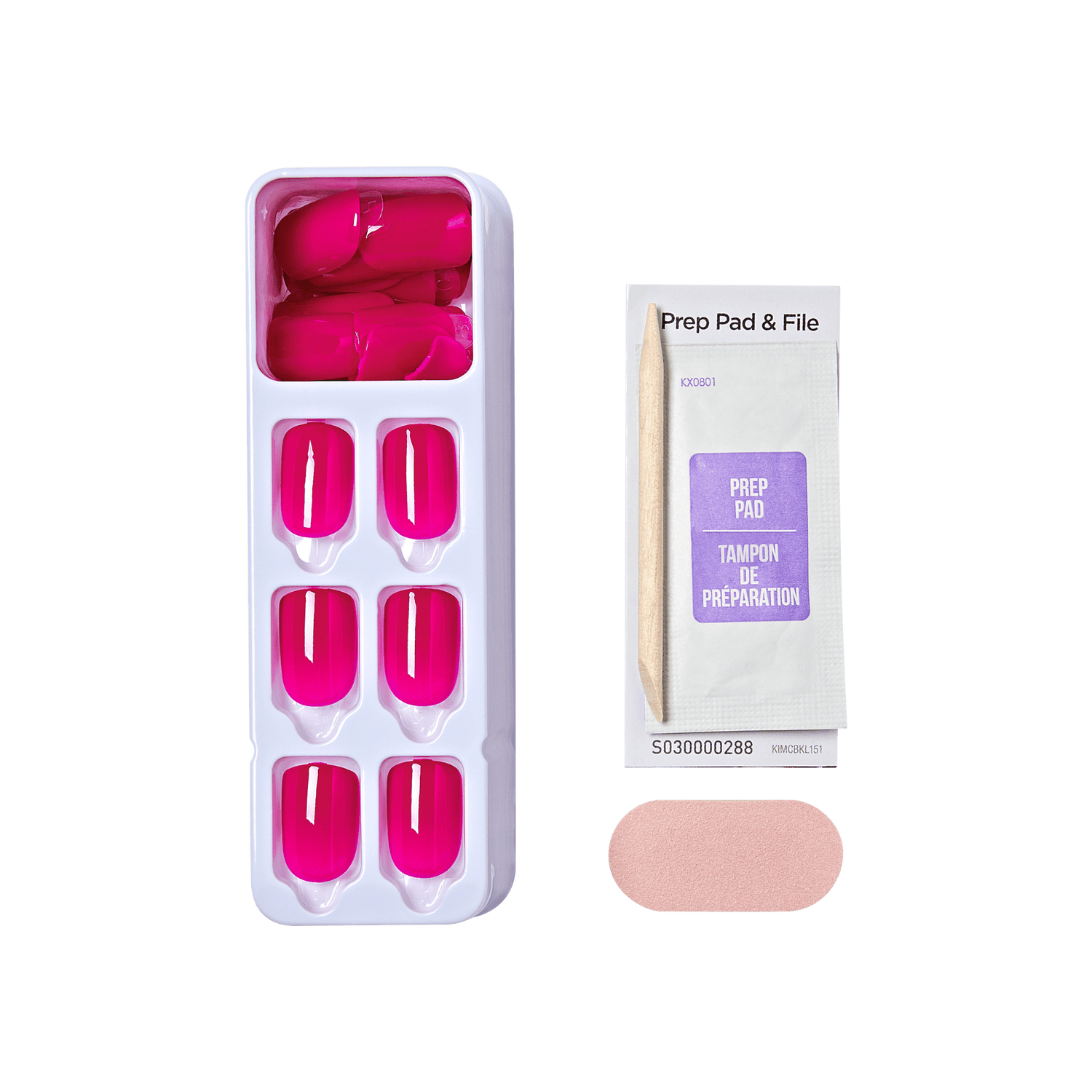 Bright pink glossy press-on nails arranged in a white plastic tray with accompanying prep pad packet, wooden stick, and small pink nail file. The prep pad packet reads \