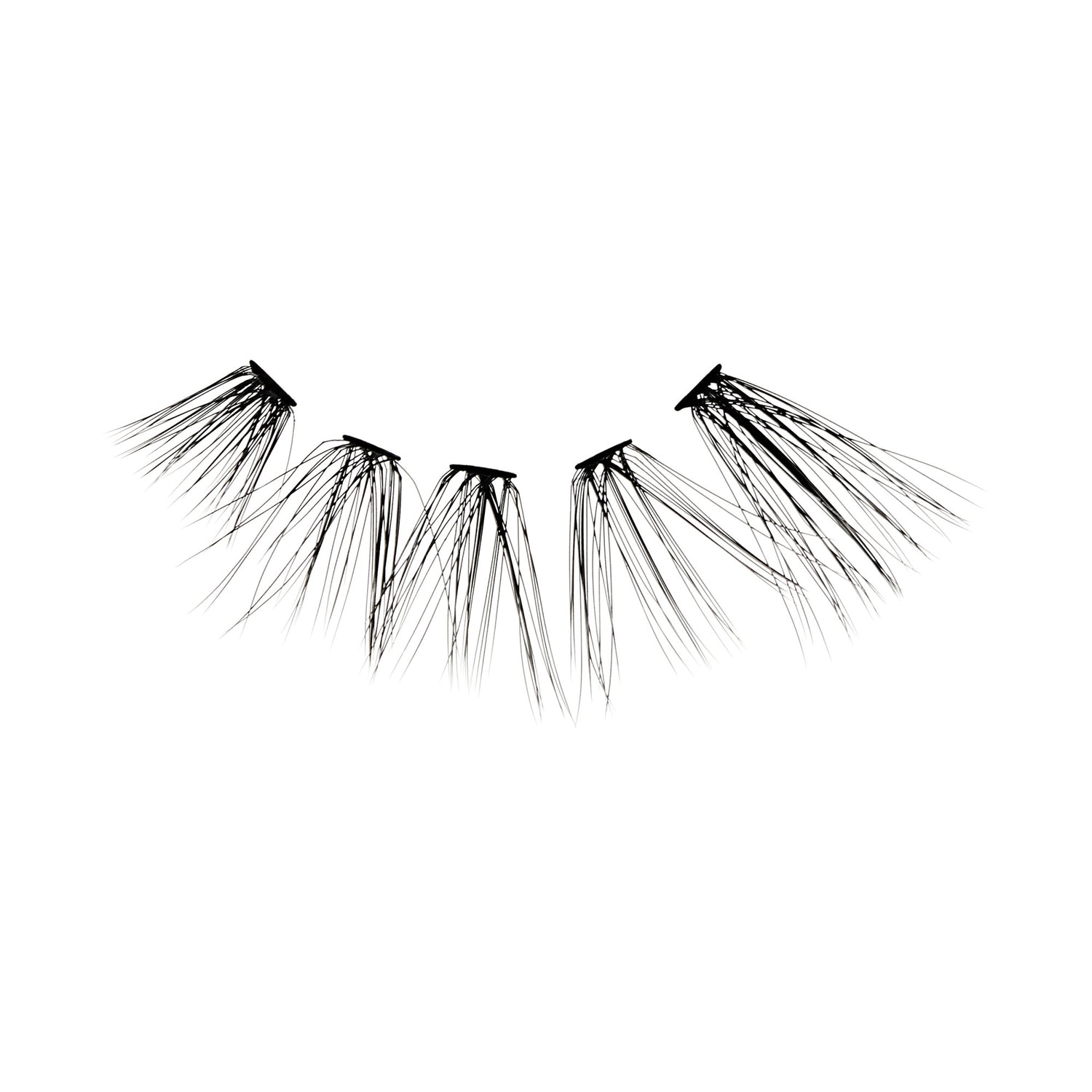 The image features a set of false eyelashes arranged in a curved line. The lashes are long and wispy, with a black color that gives them a dramatic appearance. They are attached to a thin strip at the base, which is typical for false eyelashes, allowing for easy application. The background is plain white, emphasizing the detail and texture of the lashes.