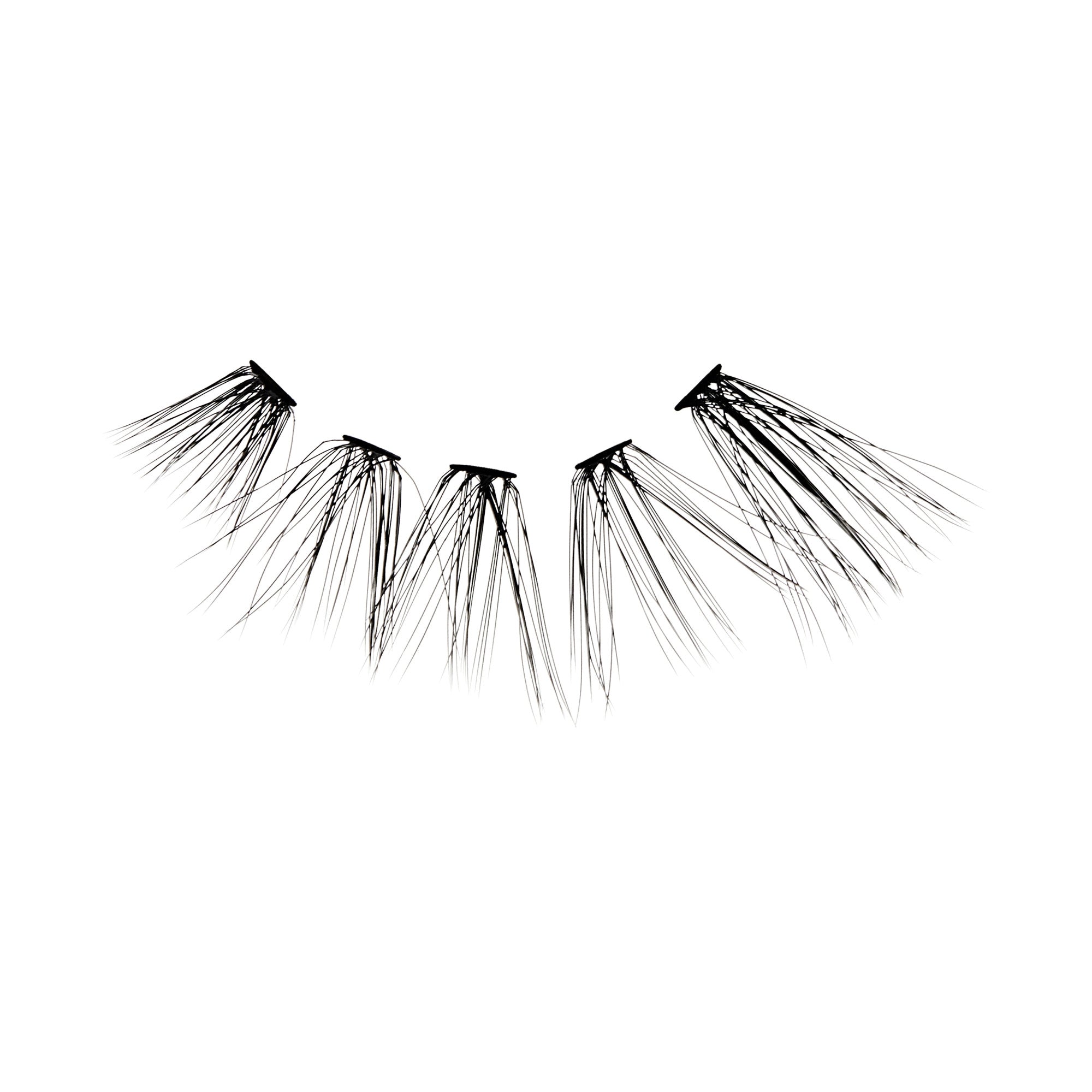 The image features a set of false eyelashes arranged in a curved line. The lashes are long and wispy, with a black color that gives them a dramatic appearance. They are attached to a thin strip at the base, which is typical for false eyelashes, allowing for easy application. The background is plain white, emphasizing the detail and texture of the lashes.
