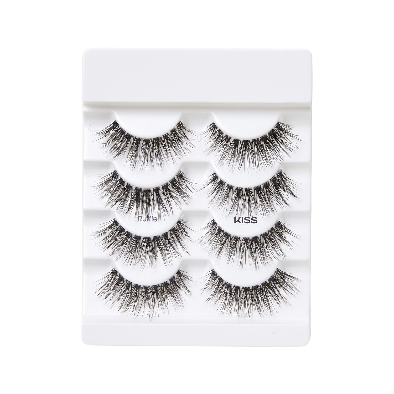 Four pairs of black, wispy false eyelashes in a white plastic tray labeled with \