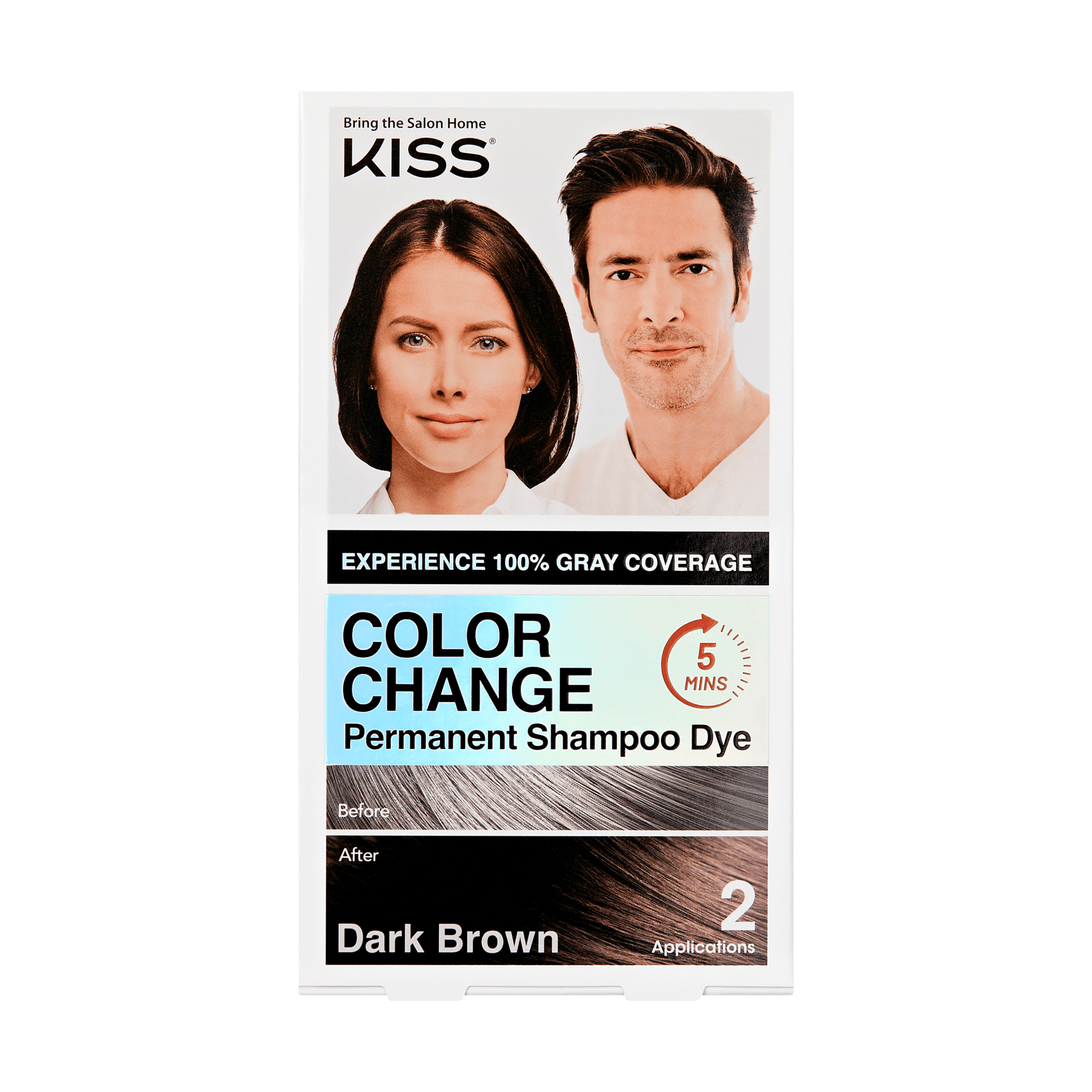 KISS Color Change Permanent Shampoo Dye box with a man and woman photo, claims 100% gray coverage, 5-minute application, dark brown color shown.