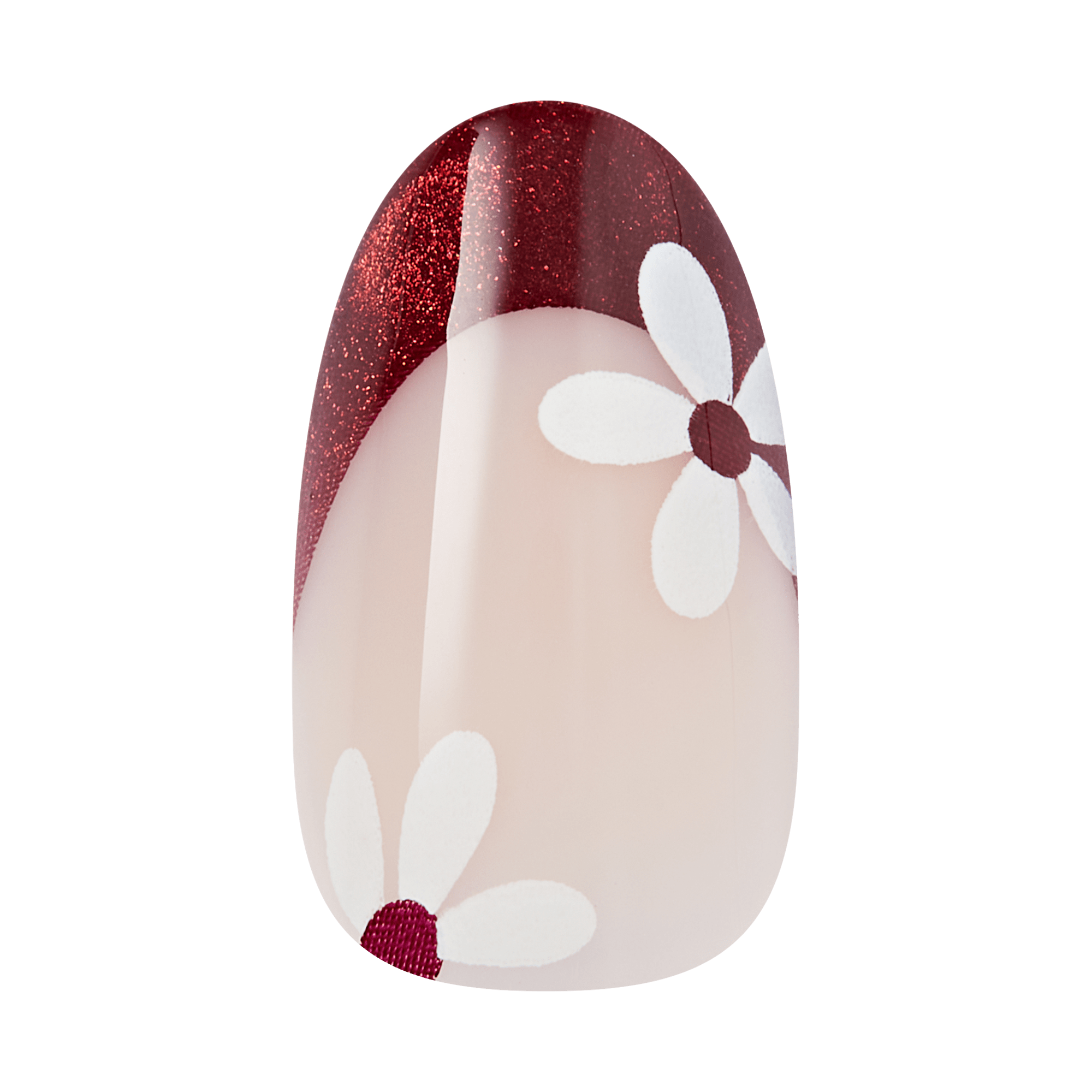 Almond-shaped nail with burgundy glitter tip and white daisy flower design.