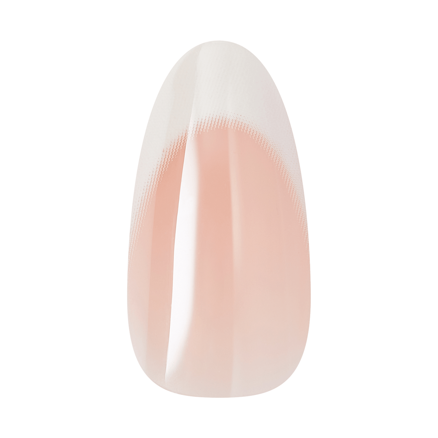 Almond-shaped press-on nail with nude pink base and white tip overlay.