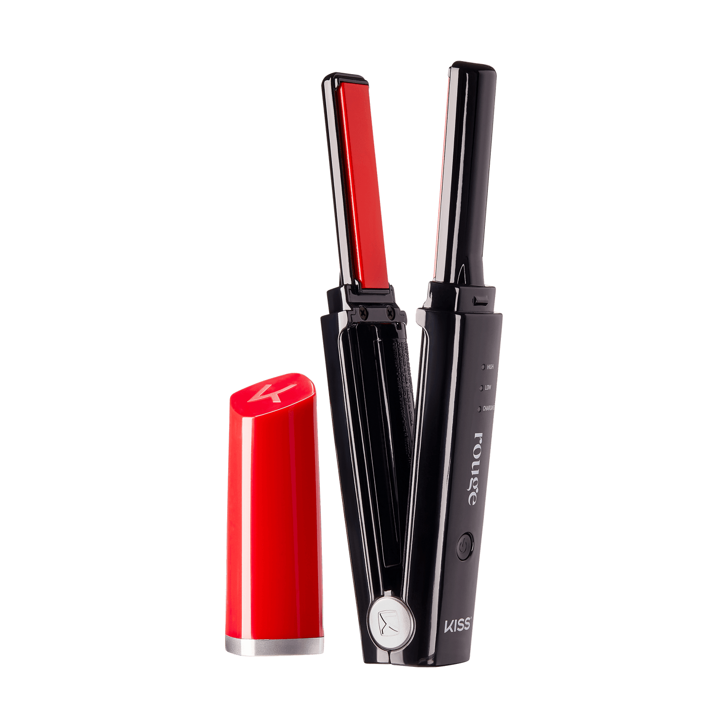 Rotisserie hair straightener and curling iron set with red cap and black barrel.