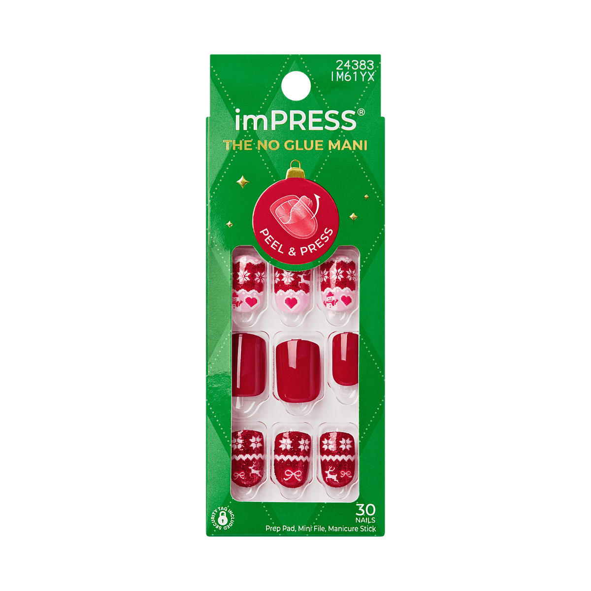 Impress Design Holiday No Glue Fake Press On Nails - Winter Luxe | Design, Red, Short, Squoval, Manicure