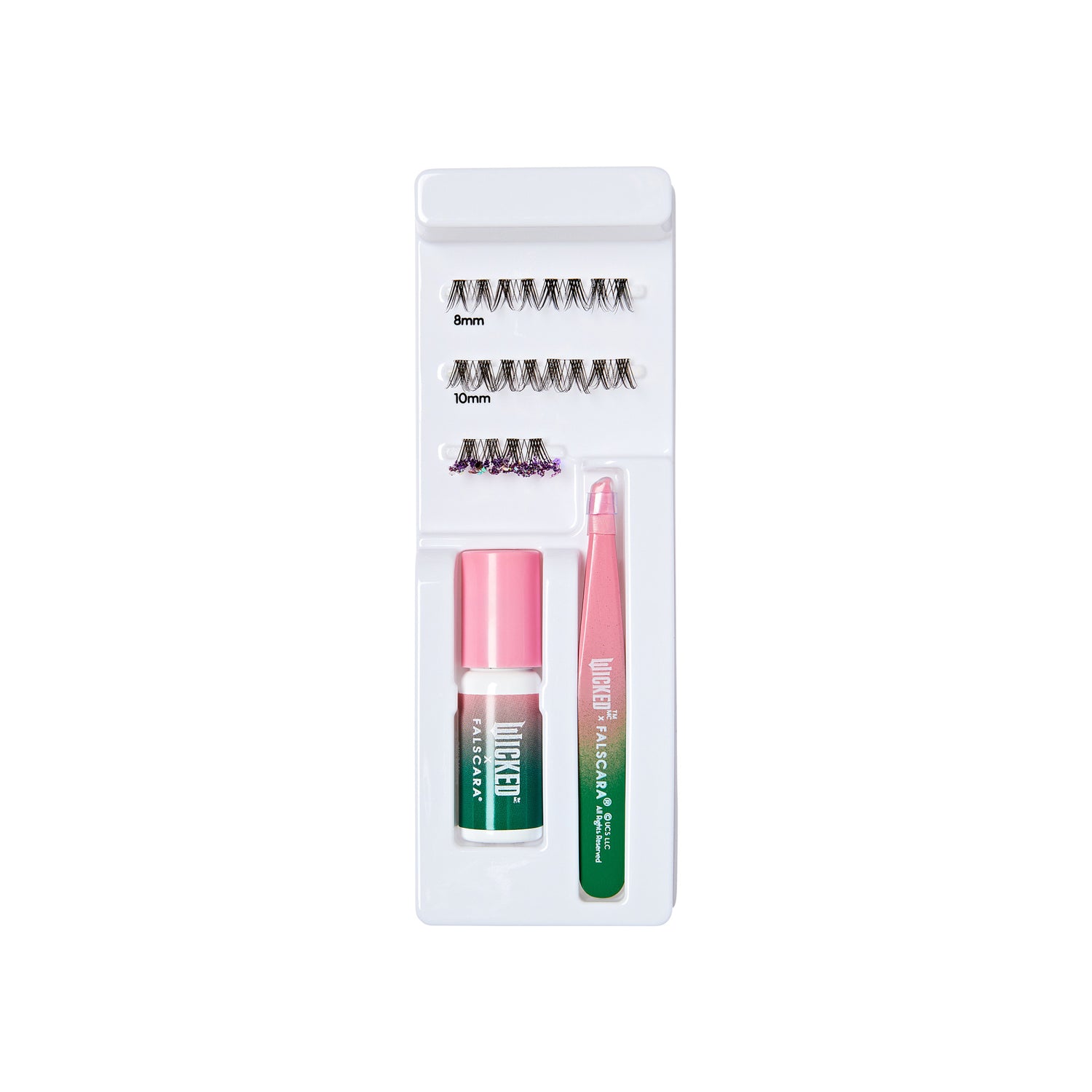 The image features a beauty product kit designed for applying false eyelashes. It includes several pairs of eyelashes in two different lengths: 8mm and 10mm. The kit also contains a small bottle of eyelash adhesive and a pair of tweezers for easy application. The packaging is sleek and organized, with the items neatly arranged in a white tray. The overall aesthetic is clean and appealing, suitable for makeup enthusiasts.