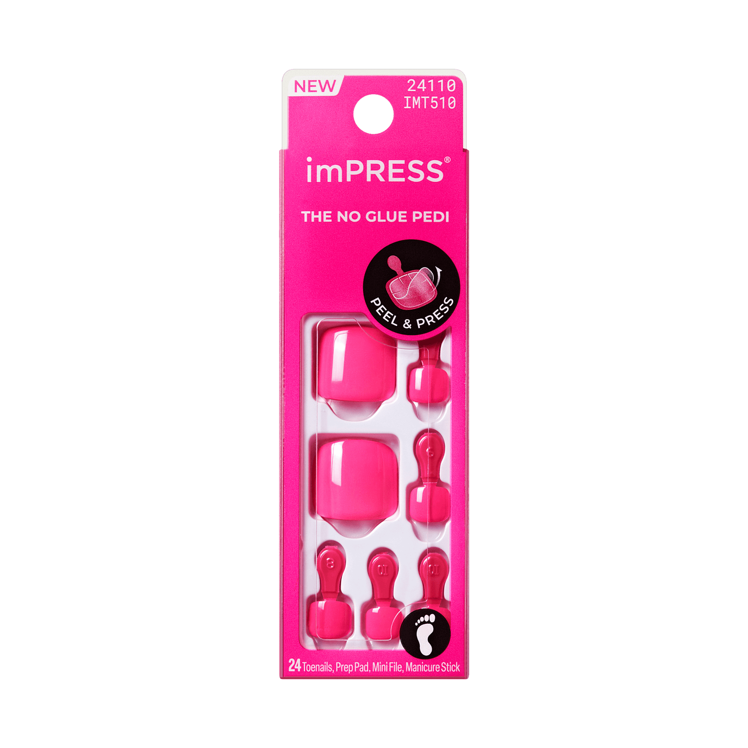 imPRESS THE NO GLUE PEDI peel and press toe nails in hot pink, 24 pack