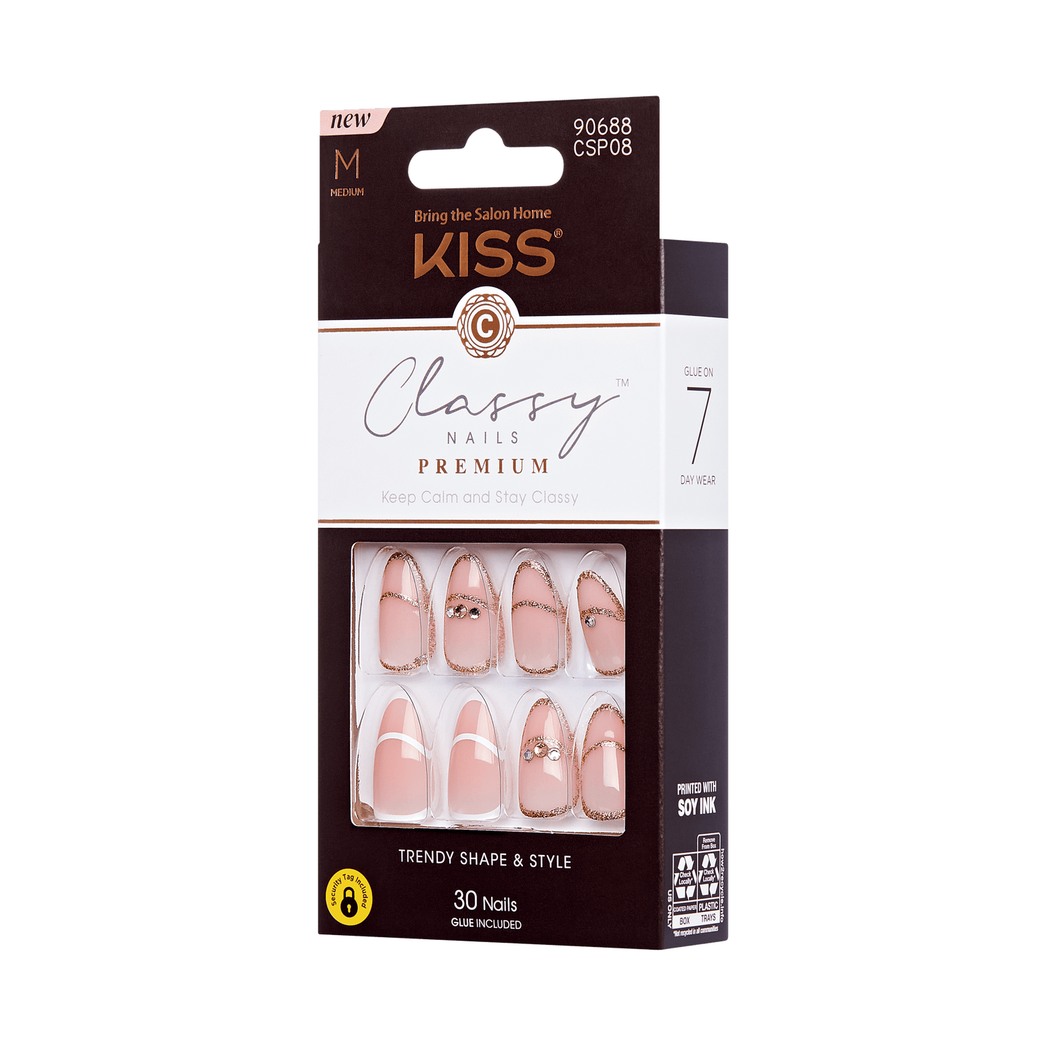 KISS Classy Premium press-on nails packaging, medium size, shows 30 trendy nude nails with gold glitter and rhinestone accents, glue included, 7-day wear.