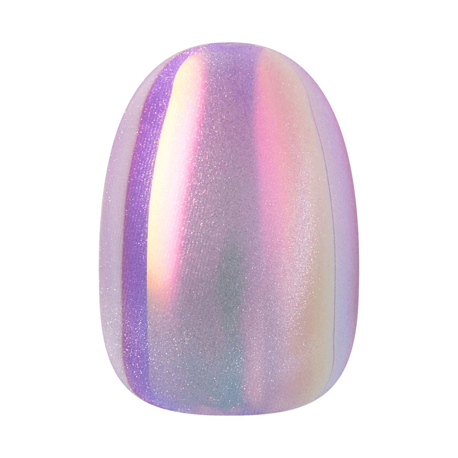 Iridescent purple and pink glittery nail polish swatch with holographic shimmer effect.