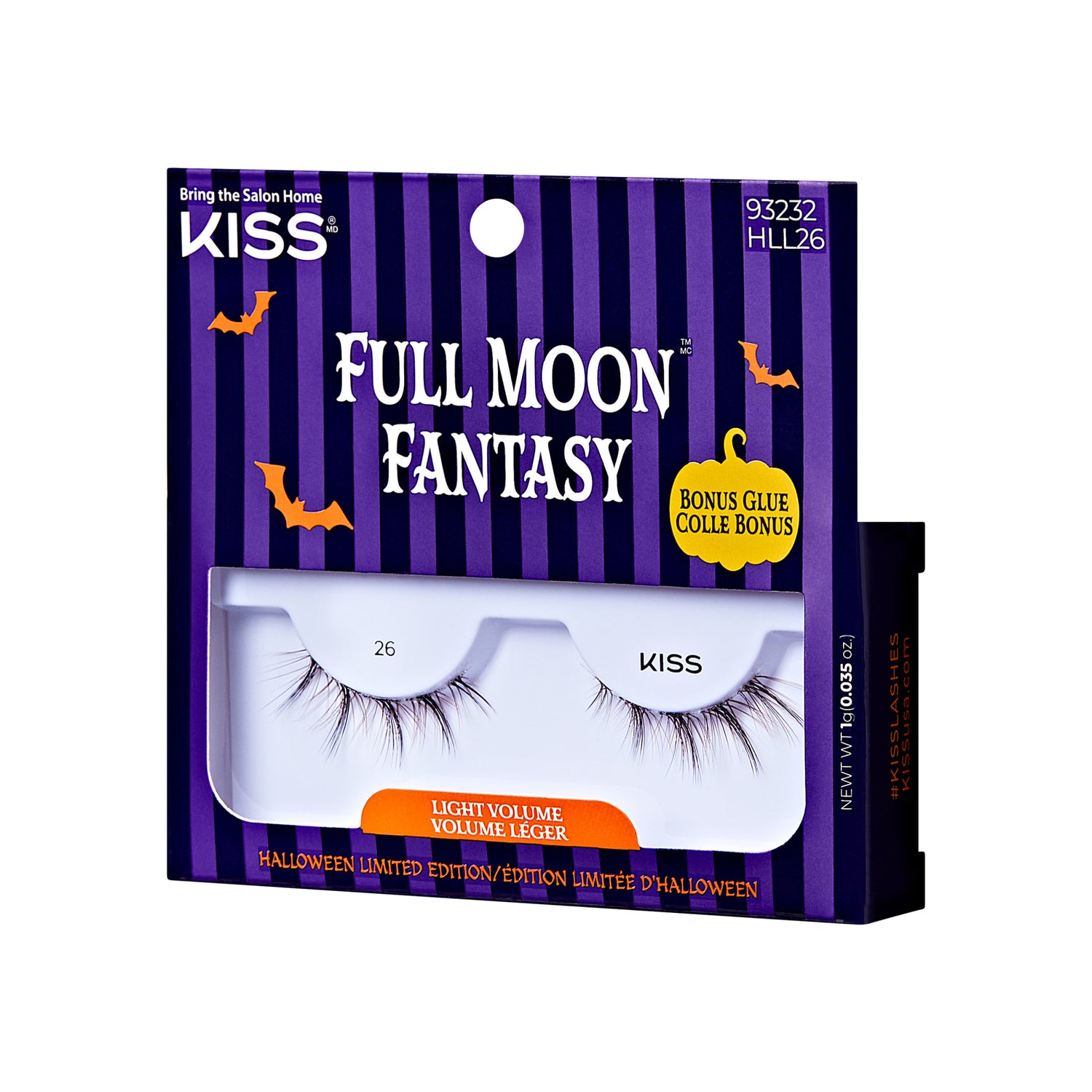 The image shows a package of false eyelashes from the brand "KISS." The product is named "Full Moon Fantasy" and is part of a Halloween limited edition. The packaging is designed with a purple and black striped background, featuring Halloween-themed graphics such as a bat and a pumpkin. The package includes a pair of light volume false eyelashes and mentions a bonus glue included. The product code "93232 HLL26" is displayed on the top right corner of the package.