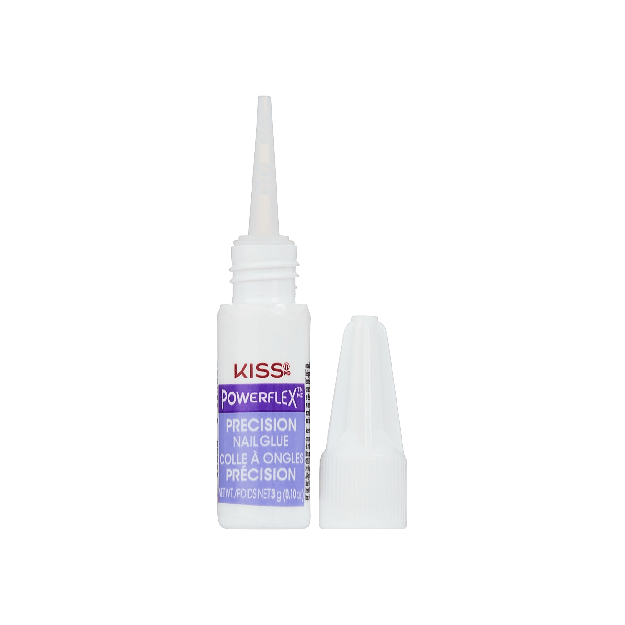 Small white bottle of KISS PowerFlex Precision Nail Glue with purple label and precision applicator tip, cap removed and placed beside it.