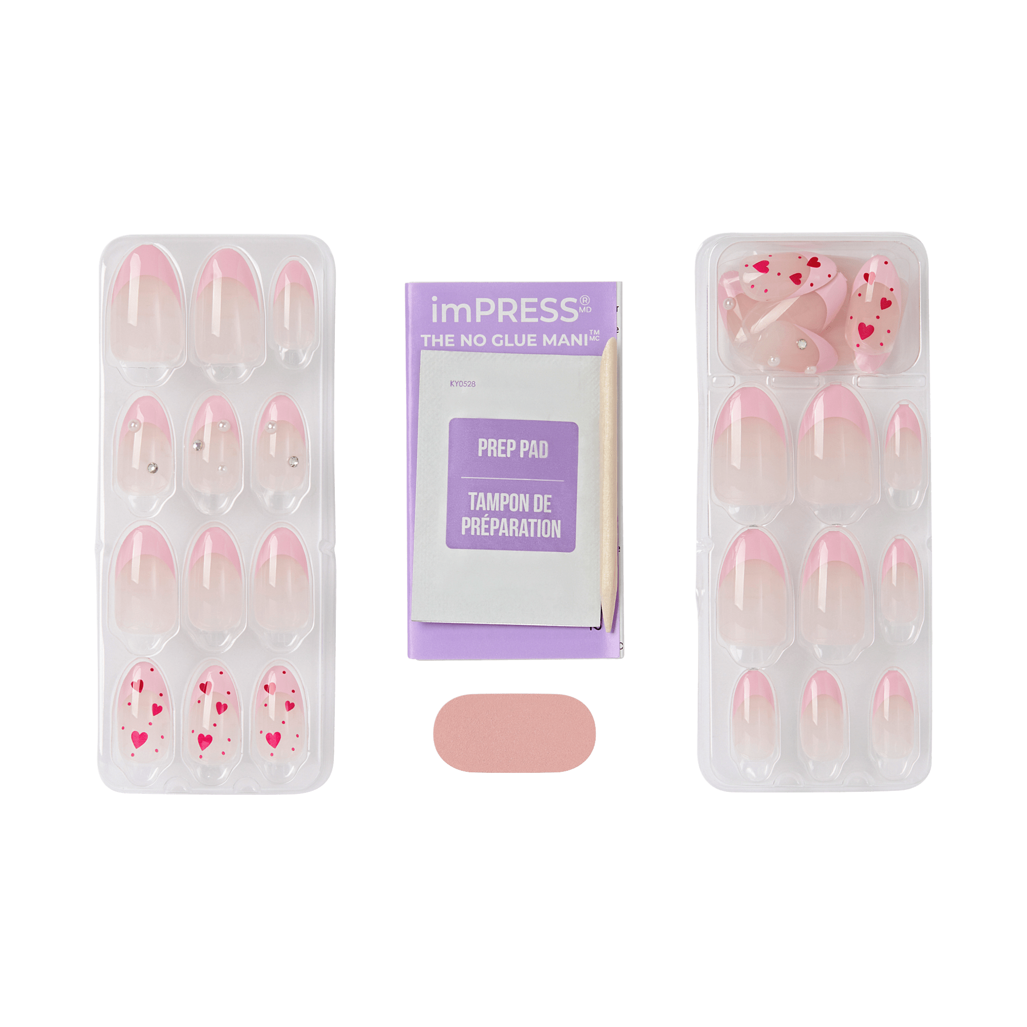 imPRESS No Glue Mani press-on nails with prep pad in pink with heart designs
