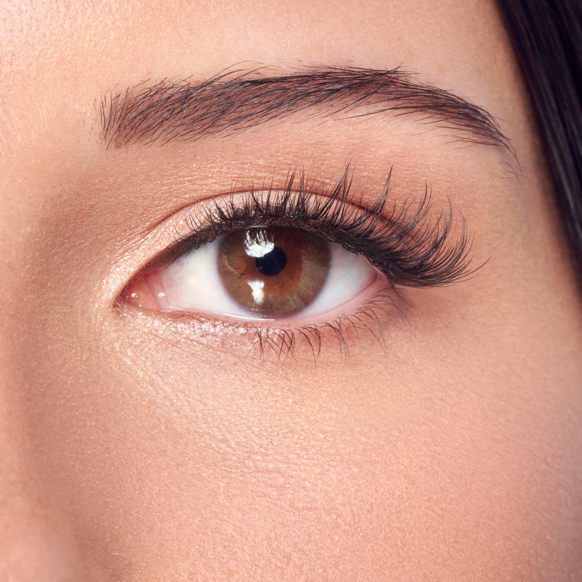 Close-up of open eye with brown iris, black eyeliner, and volumized black mascara on lashes.