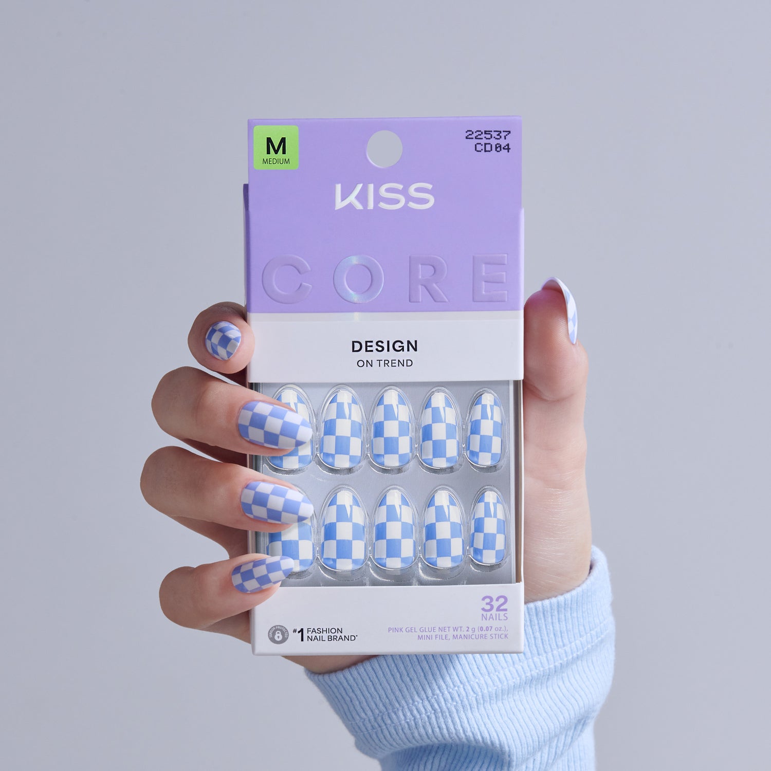 KISS Core Design press-on nails, medium size, blue and white checkered pattern, 32 nails.