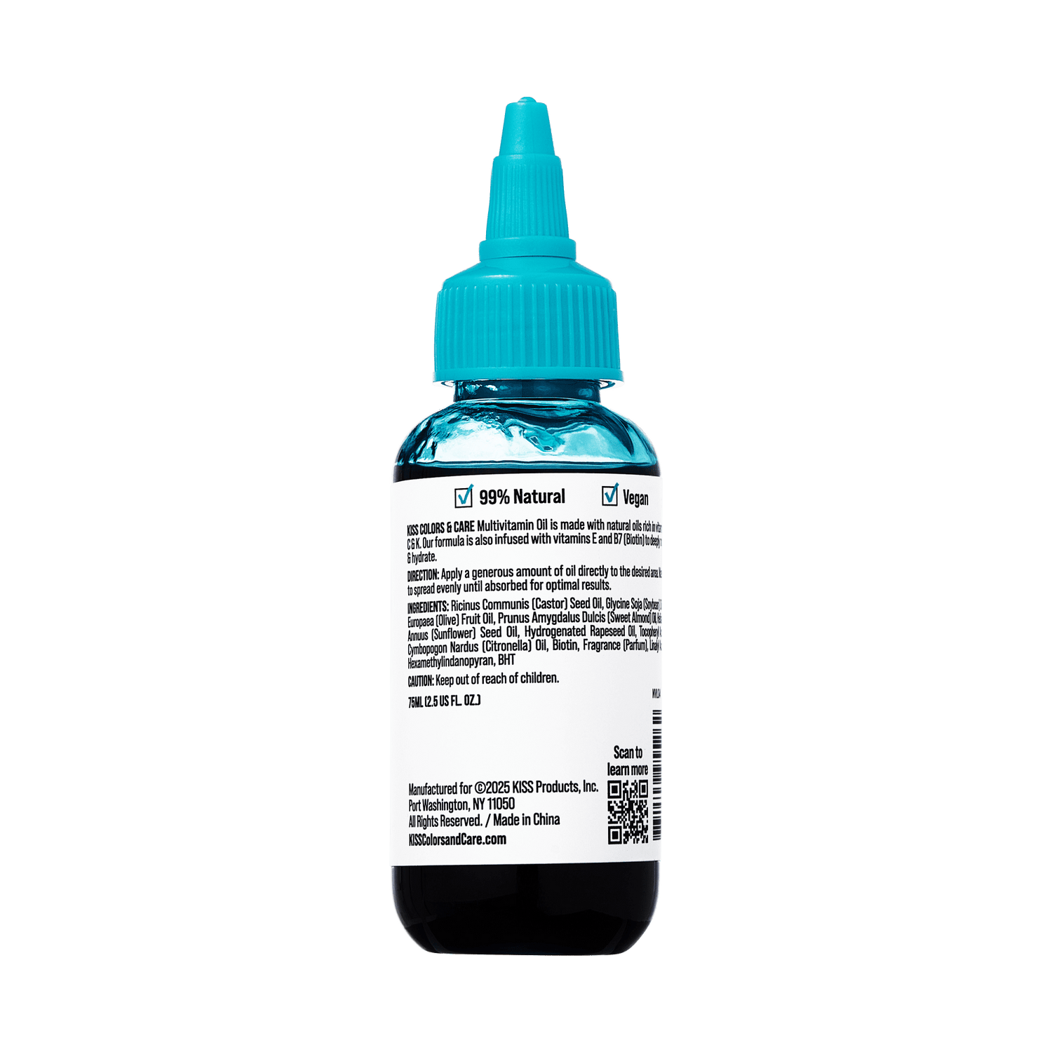 Clear blue plastic bottle of KISS Colors &amp; Care Multivitamin Oil - Black Castor shown from the back with text highlighting 99% natural, vegan, directions, ingredients, and a QR code.