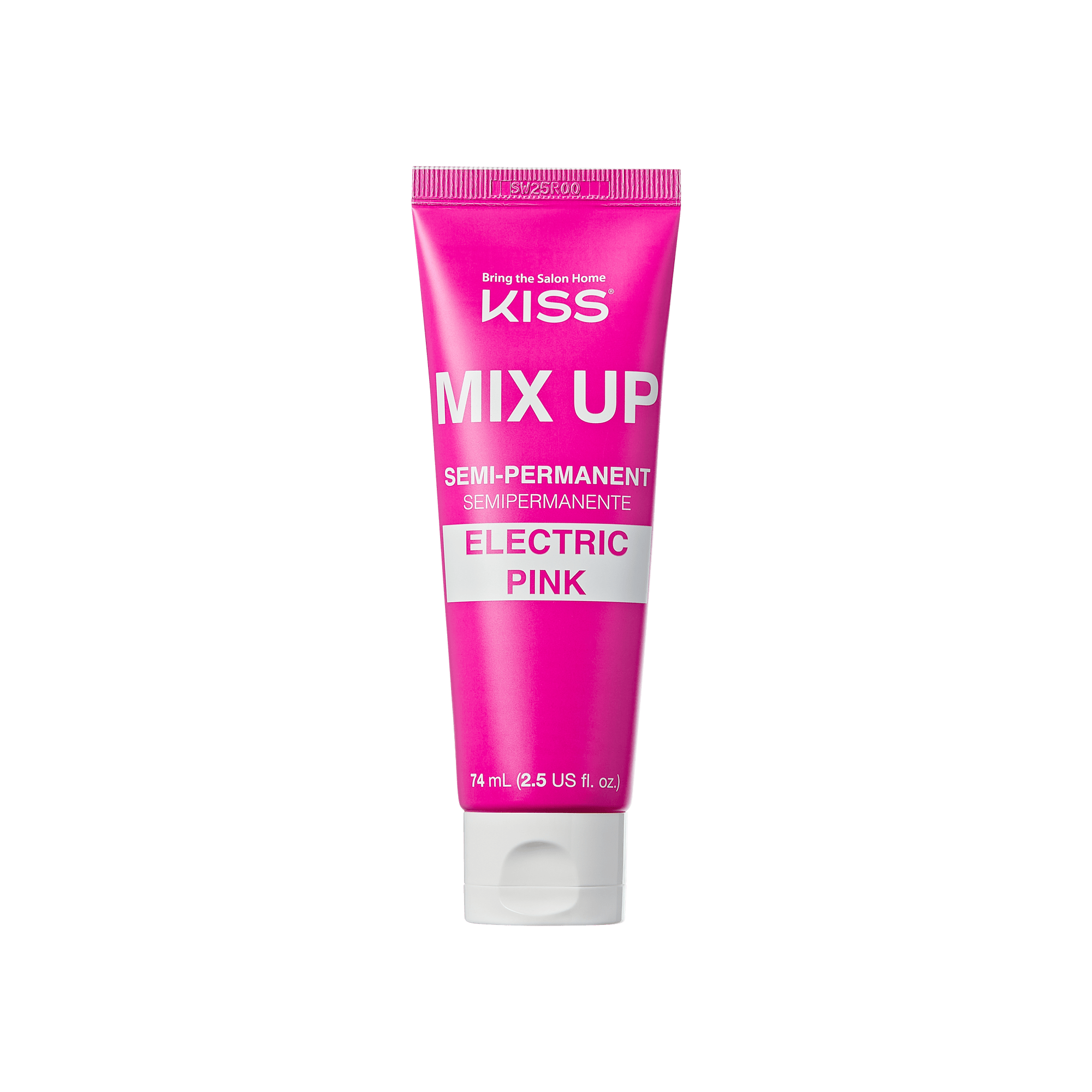 The image shows a tube of hair dye from the brand "KISS." The product is named "MIX UP" and is a semi-permanent hair color. The color of the dye is "Electric Pink." The tube has a bright pink color with white text. It contains 74 ml (2.5 US fl. oz) of product. The text on the tube also includes the phrase "Bring the Salon Home.