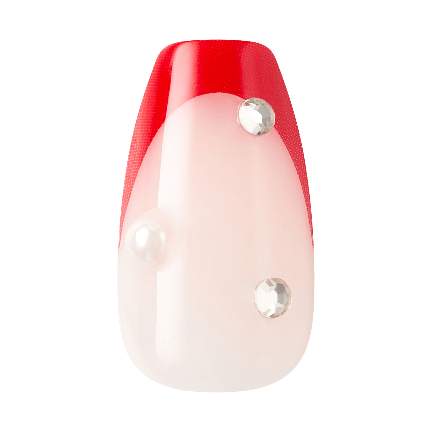 Red and white ombre nail with crystal rhinestone embellishments