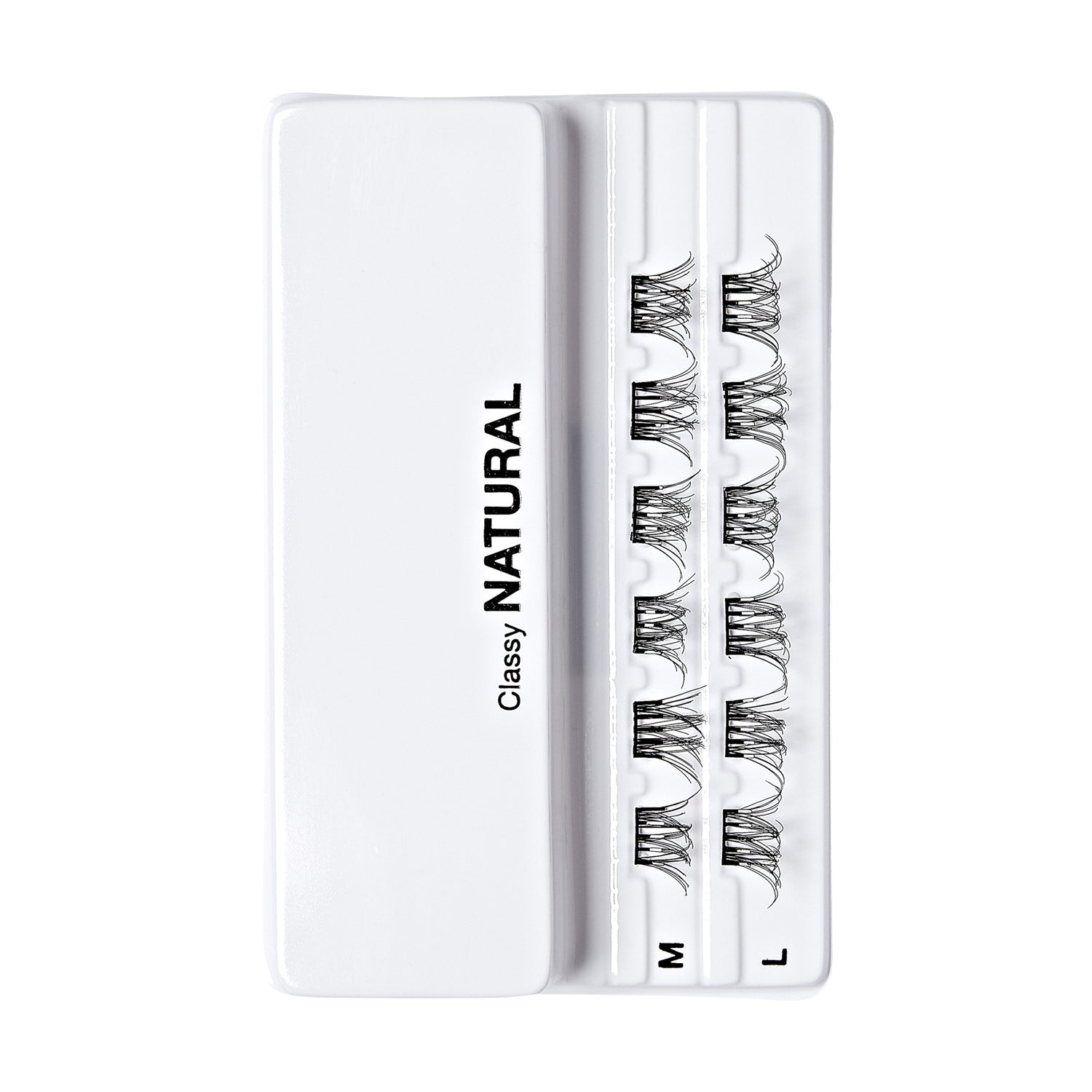 The image shows a white plastic case containing three pairs of false eyelashes. The case is labeled "Classy NATURAL" on the left side. The eyelashes are arranged in three rows, each labeled with a different size: "M" for medium, "L" for large, and an unlabeled row which can be inferred as small. The lashes appear to be designed to provide a natural look.