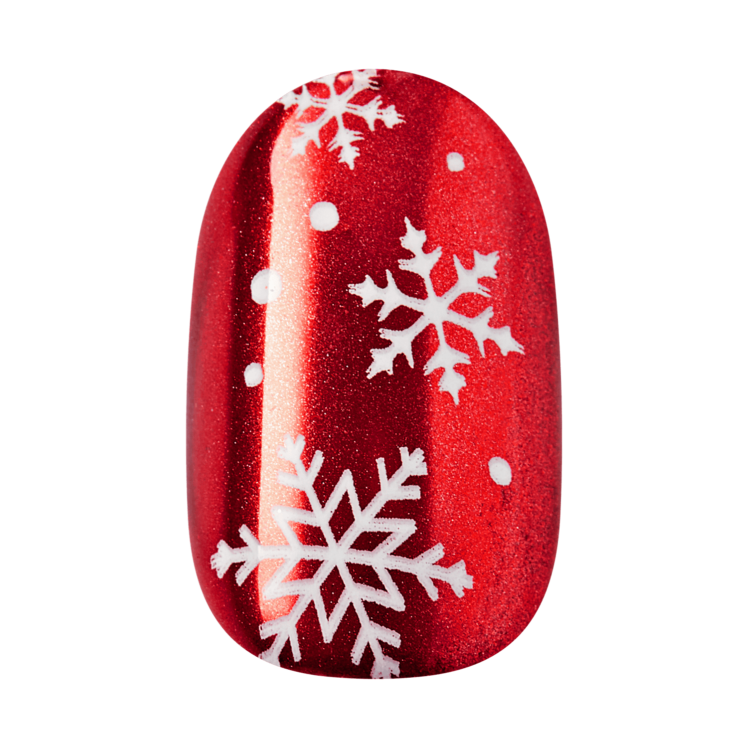 Red glitter nail polish with white snowflakes and dots design