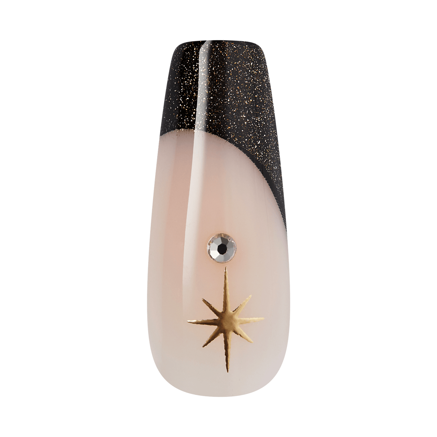 Coffin nail with black glitter top, nude base, rhinestone eye, and gold star charm