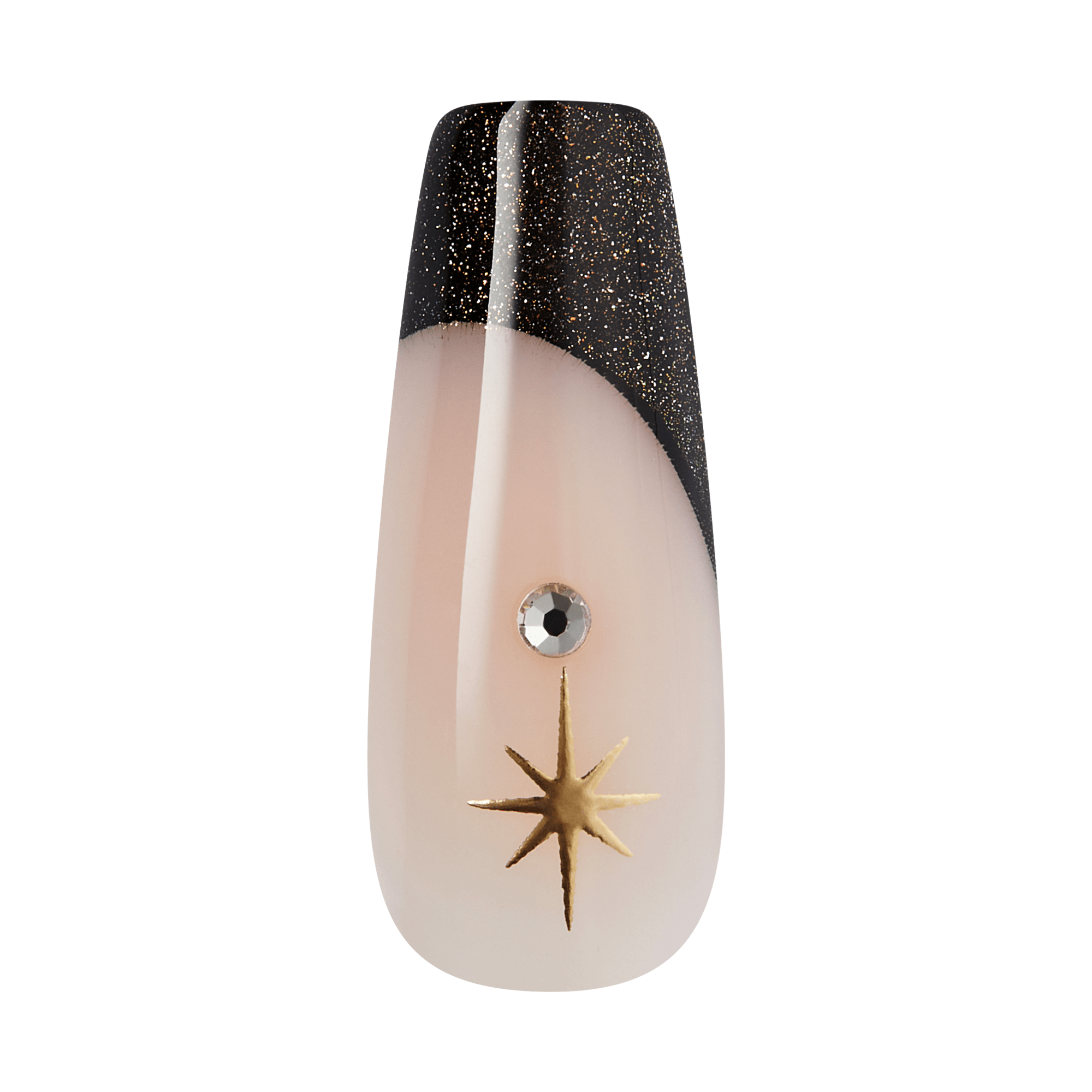 Coffin nail with black glitter top, nude base, rhinestone eye, and gold star charm
