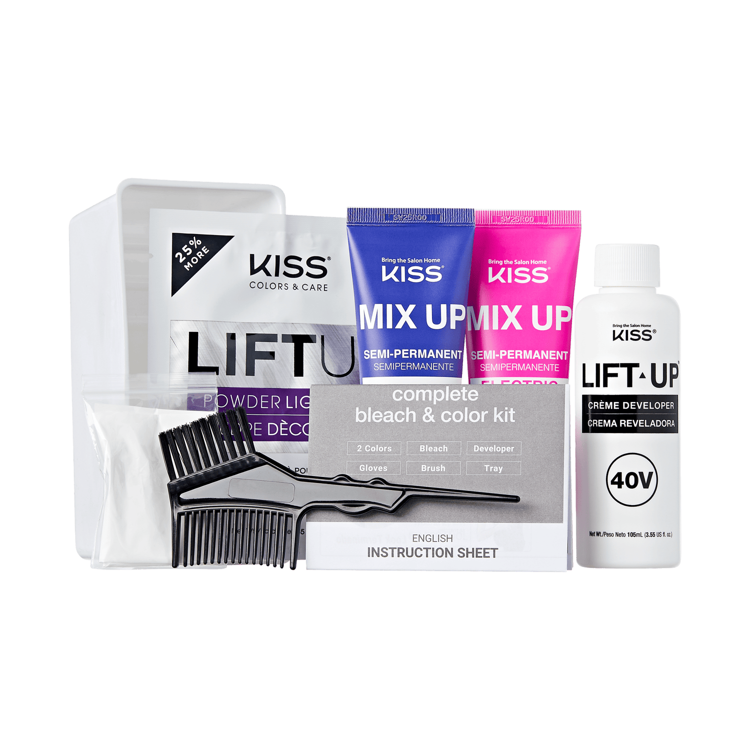 Kiss Lift Up Complete Bleach &amp; Color Kit with developer and accessories displayed